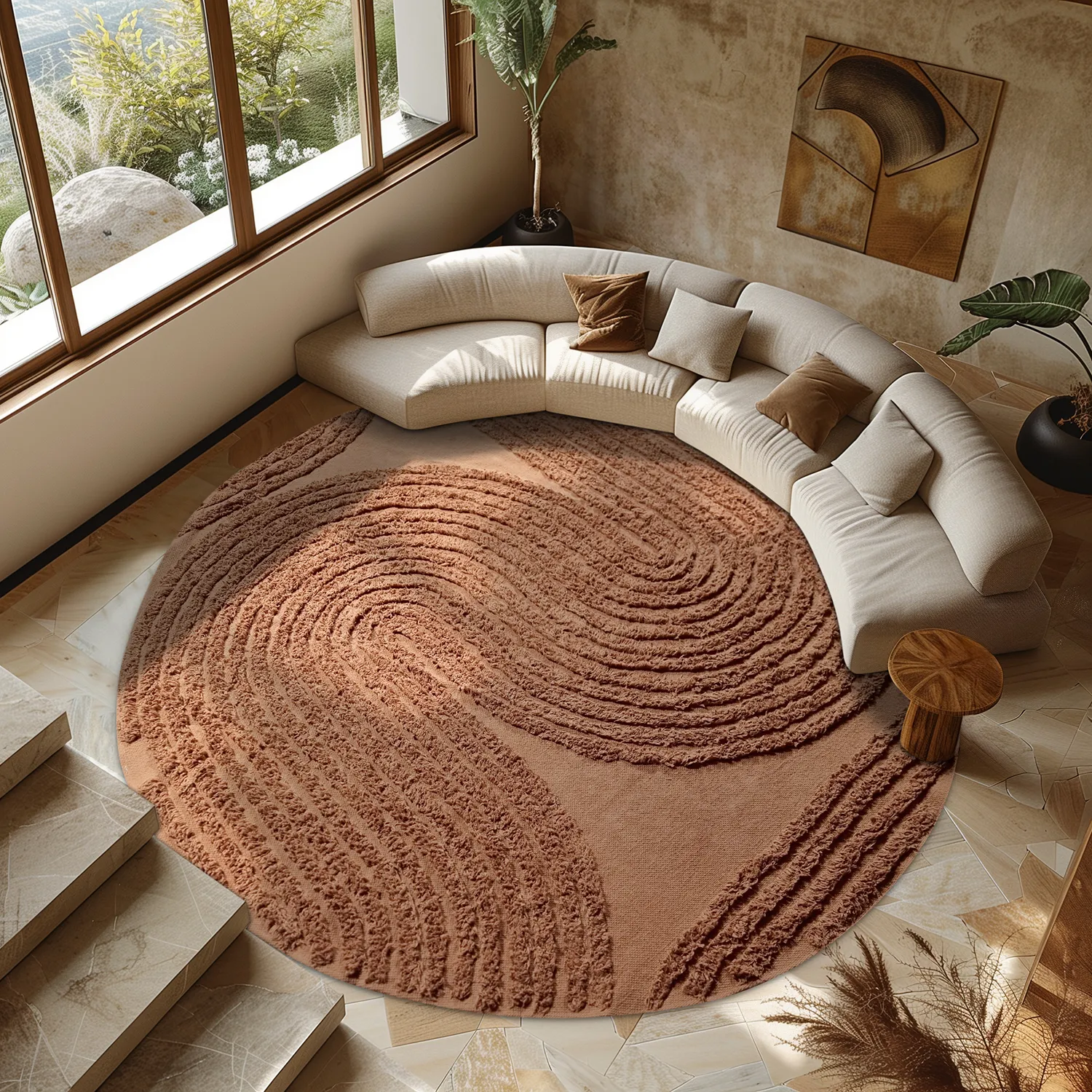 Ronde vloerkleden - Jovie Natural Cotton Shaggy (terracotta)