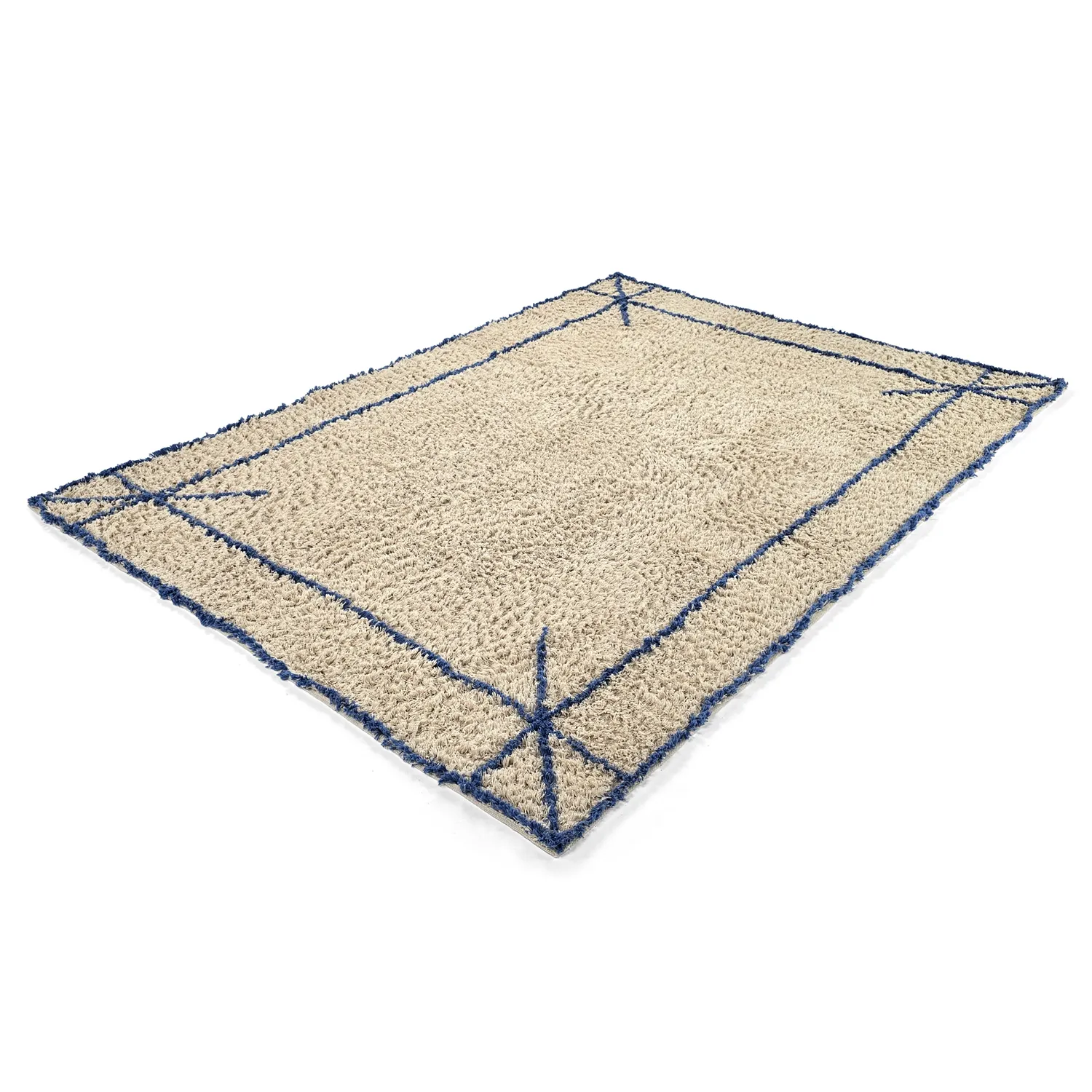 Hoogpolig vloerkleed - Kairi Natural Cotton Shaggy (beige/blauw)