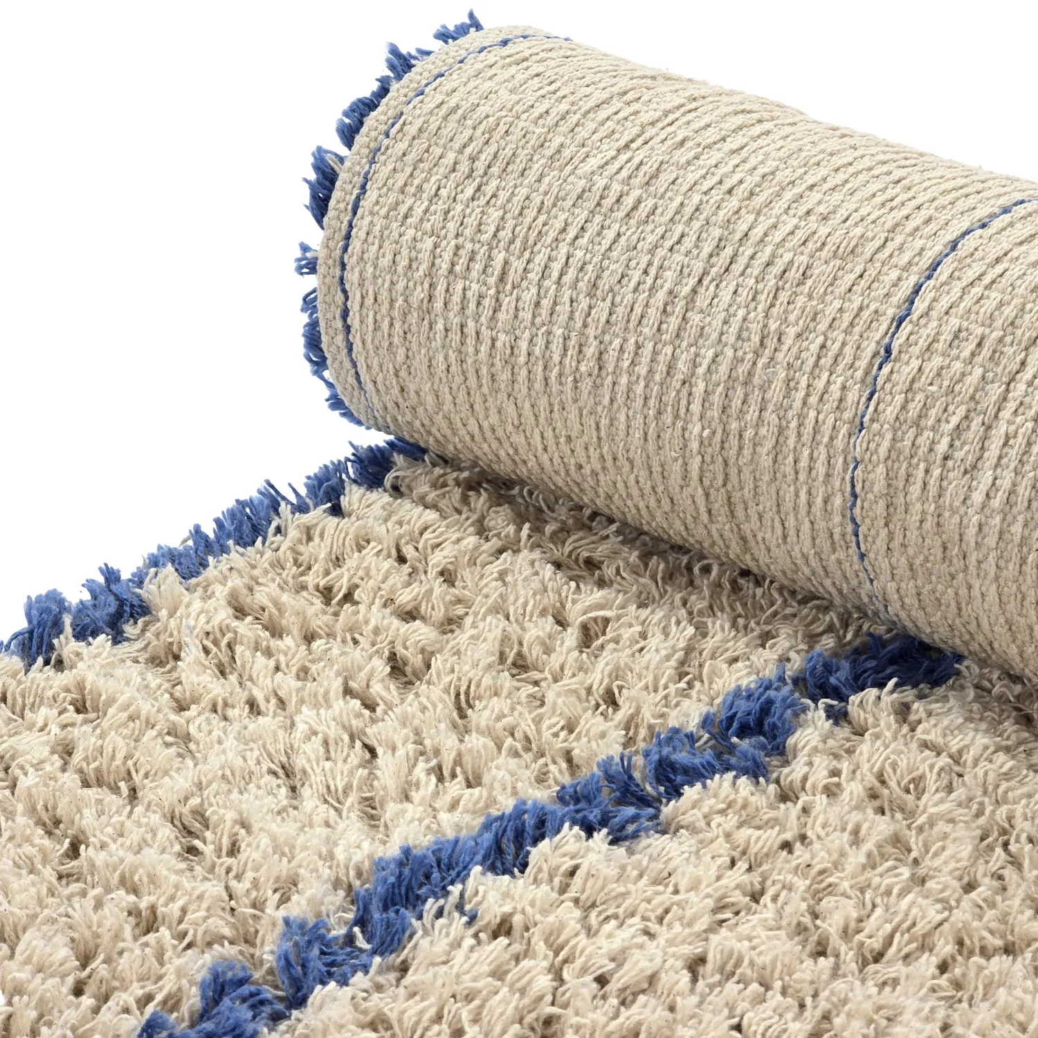 Hoogpolig vloerkleed - Kairi Natural Cotton Shaggy (beige/blauw)