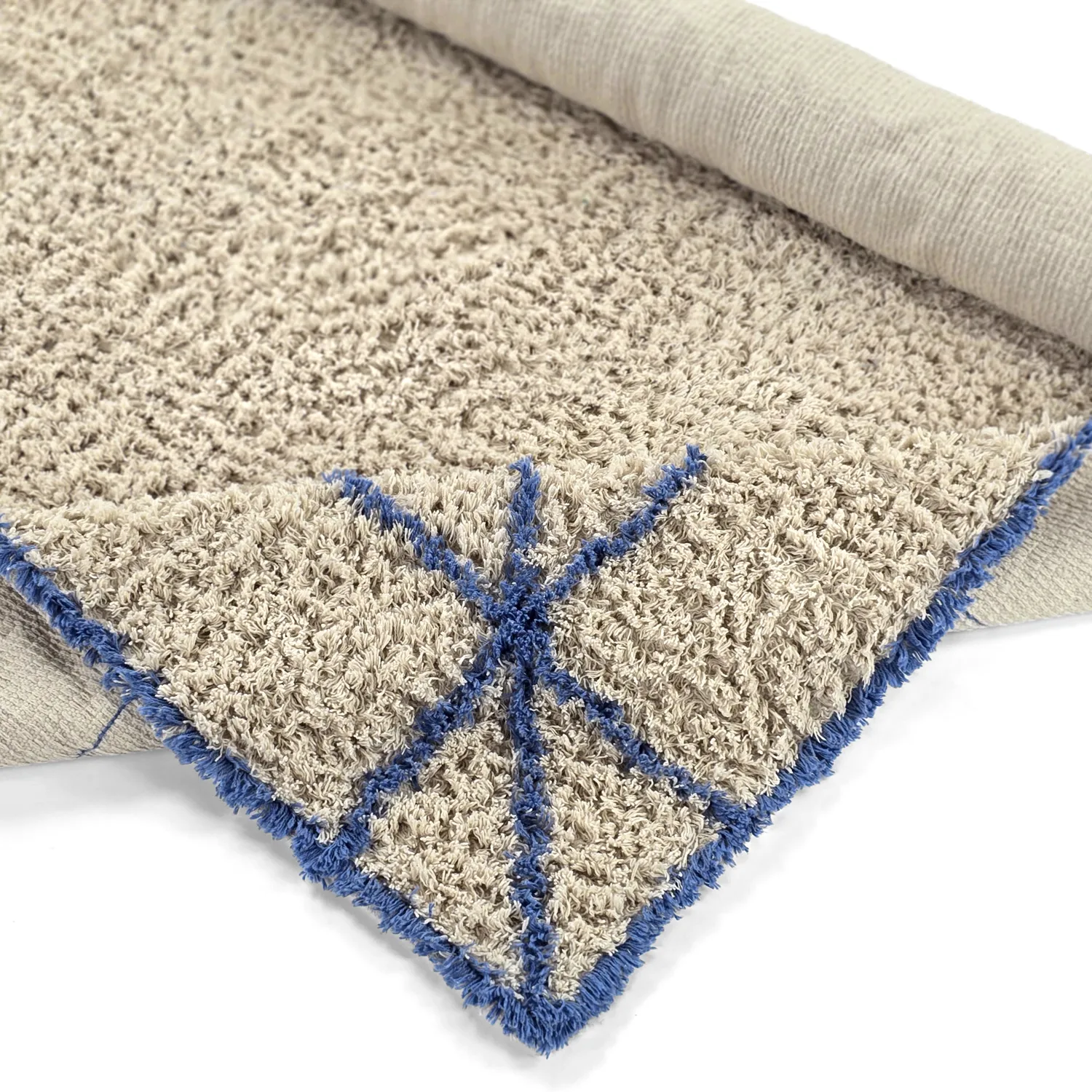 Hoogpolig vloerkleed - Kairi Natural Cotton Shaggy (beige/blauw)