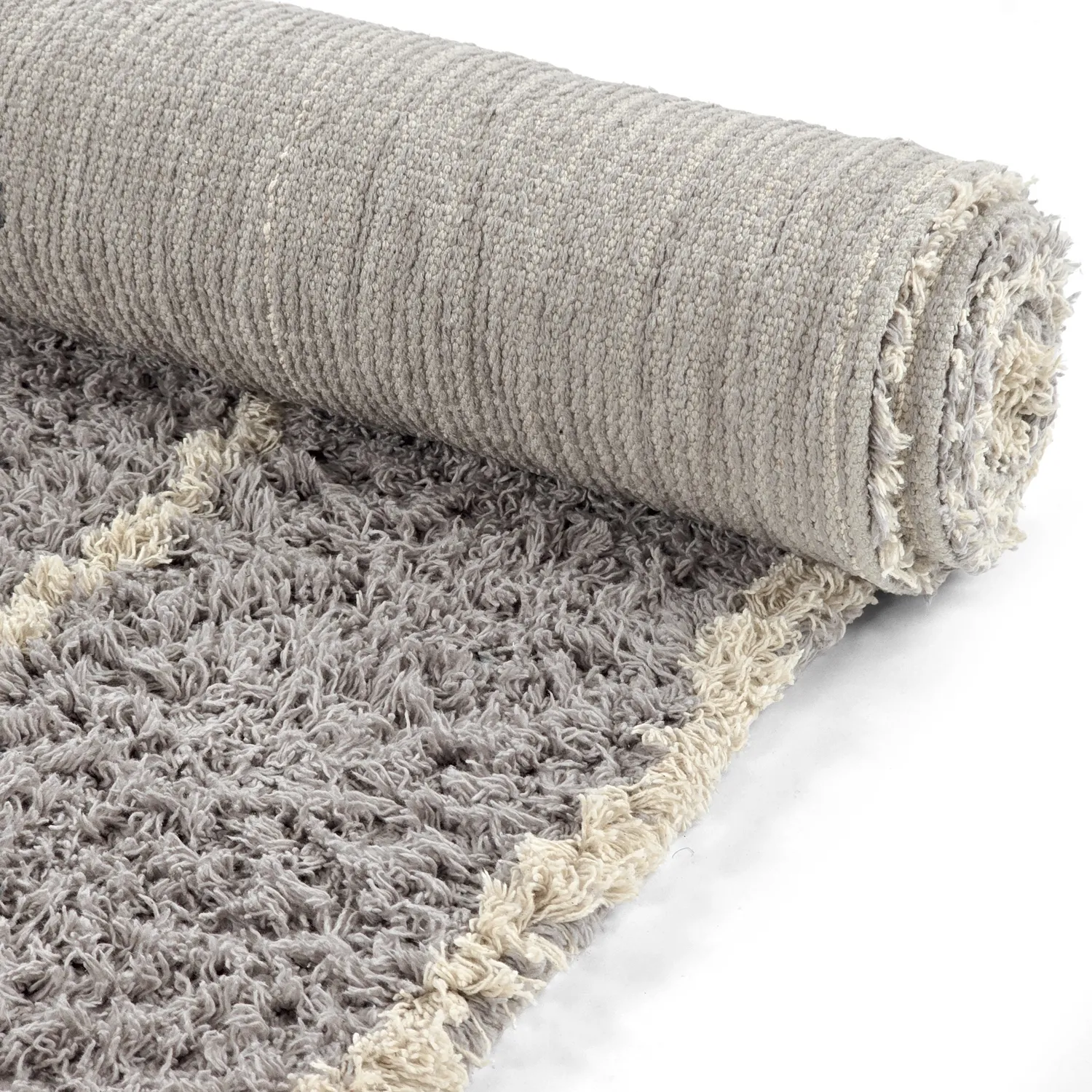 Hoogpolig vloerkleed - Kairi Natural Cotton Shaggy (grijs/beige)