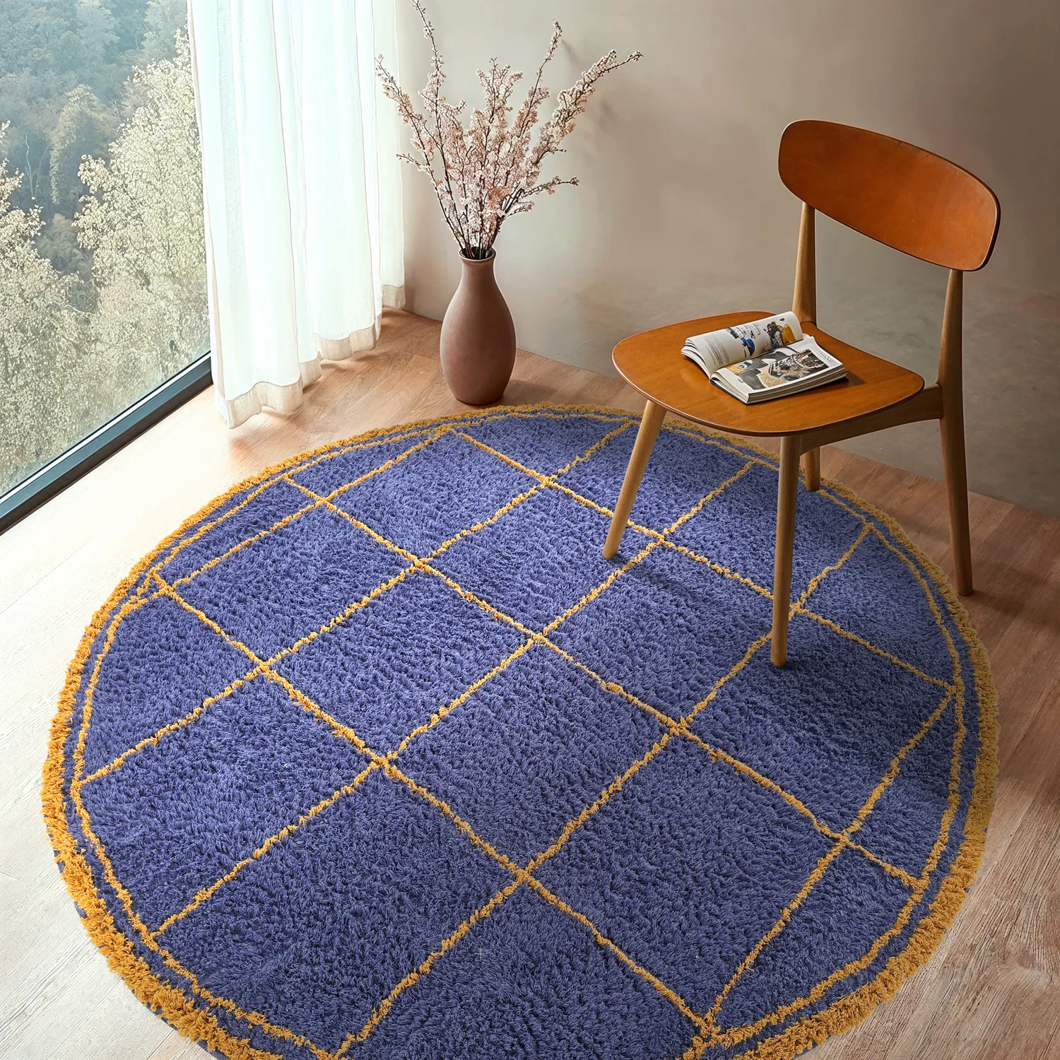 Rond vloerkleed - Lana Natural Cotton Shaggy (blauw/geel)