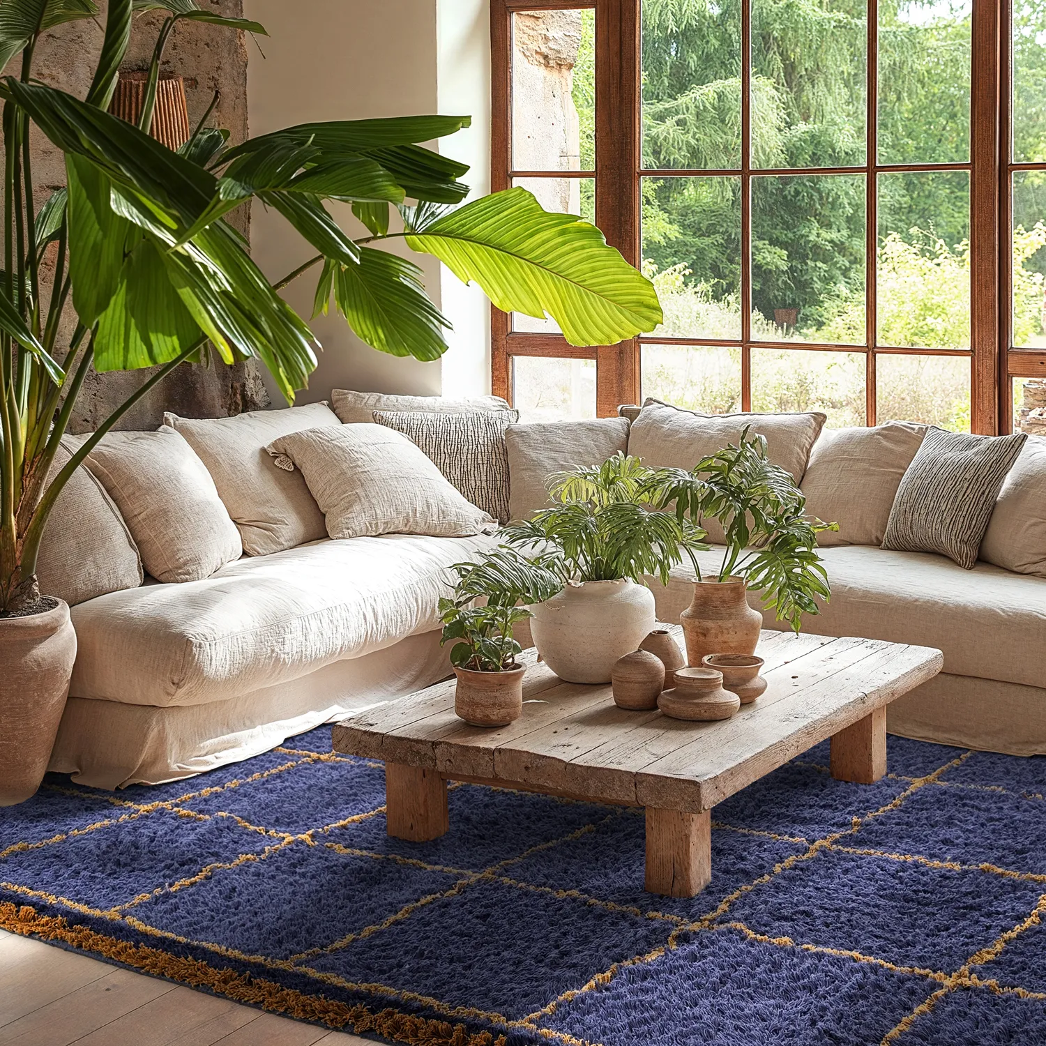 Hoogpolig vloerkleed - Lana Natural Cotton Shaggy (blauw/geel)