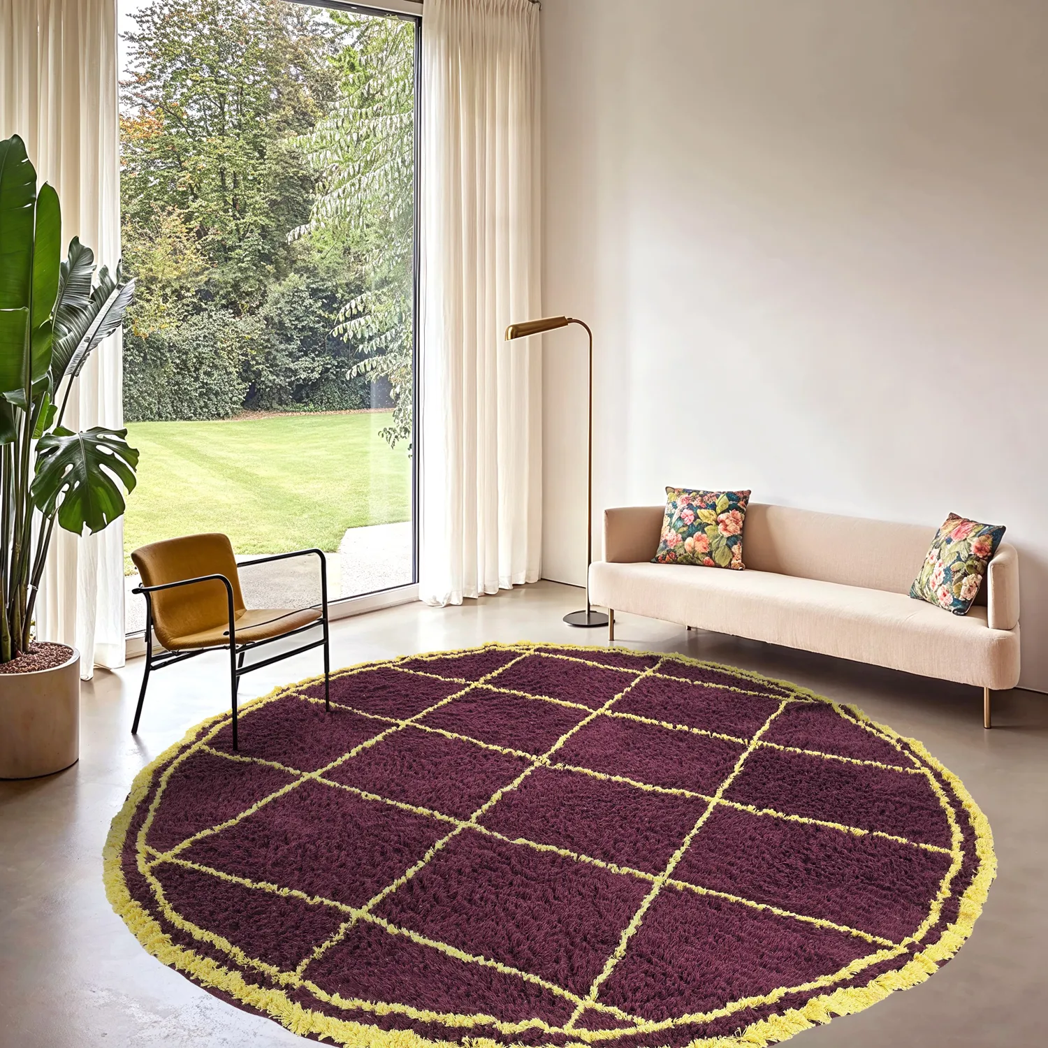 Rond vloerkleed - Lana Natural Cotton Shaggy (bordeaux/geel)
