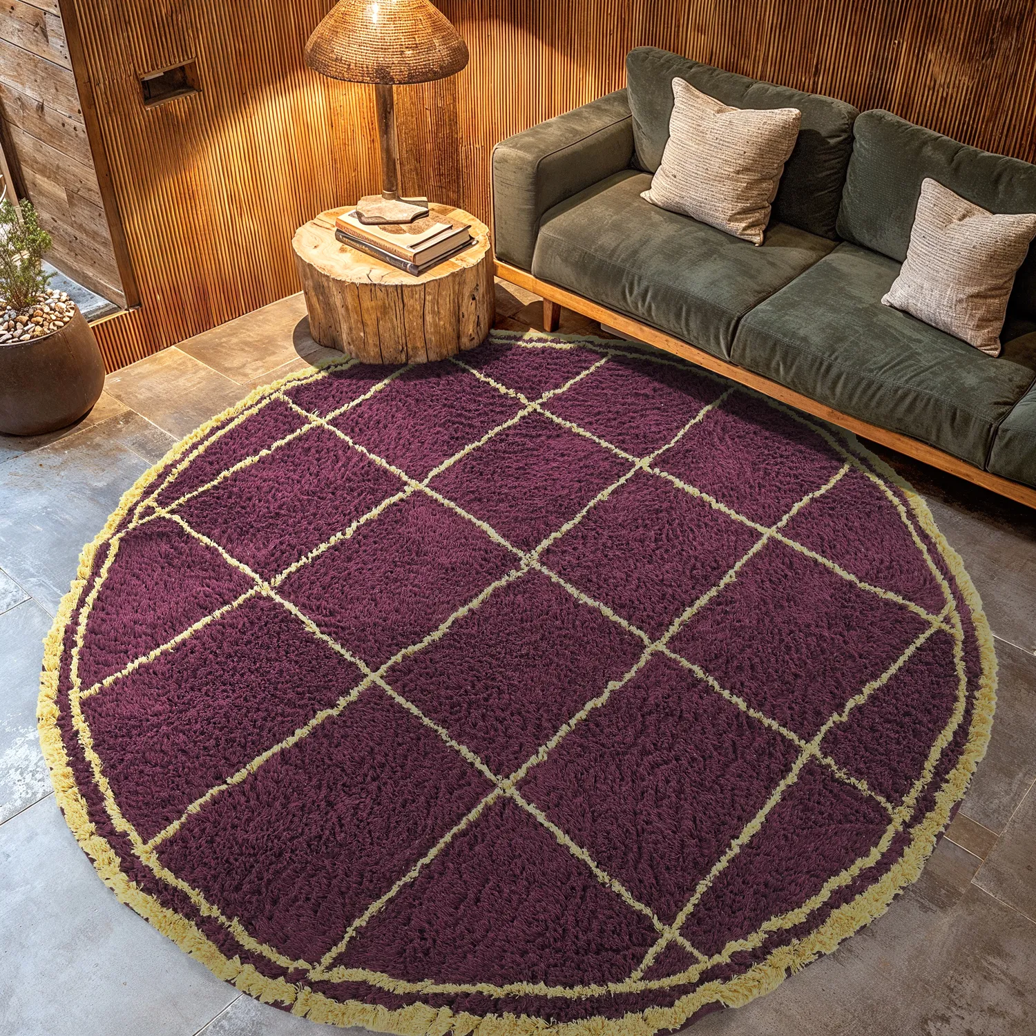 Rond vloerkleed - Lana Natural Cotton Shaggy (bordeaux/geel)