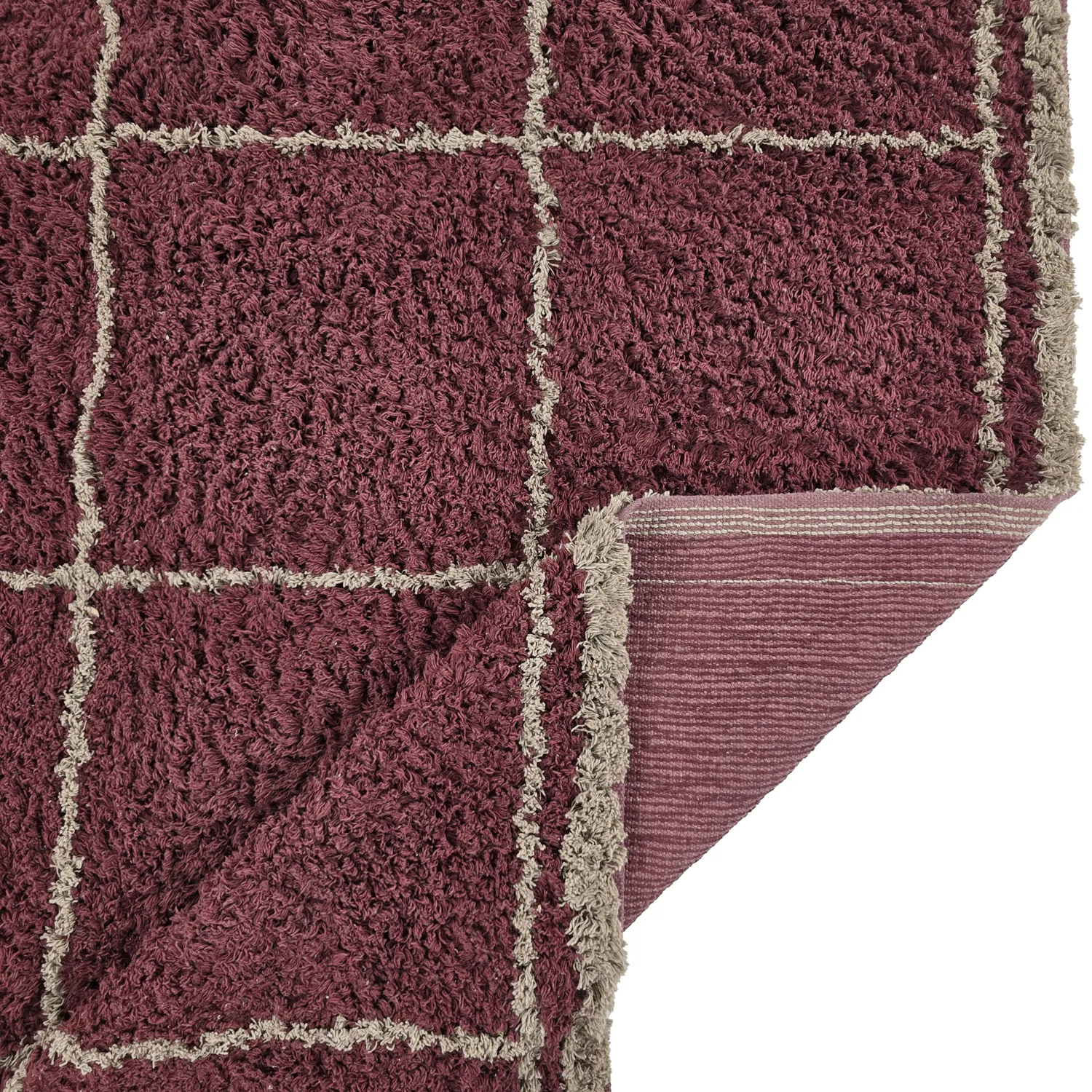 Hoogpolig vloerkleed - Lana Natural Cotton Shaggy (taupe/rood)