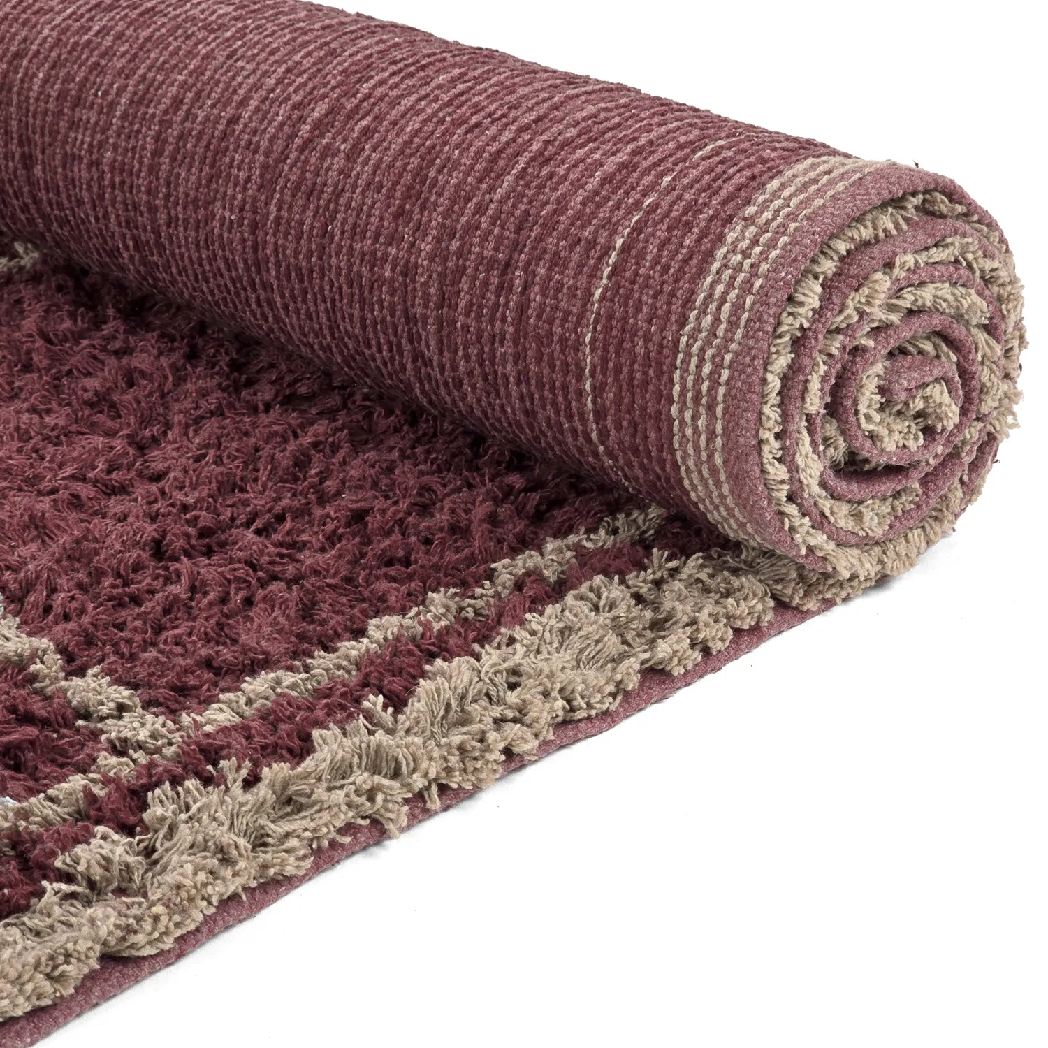 Hoogpolig vloerkleed - Lana Natural Cotton Shaggy (taupe/rood)