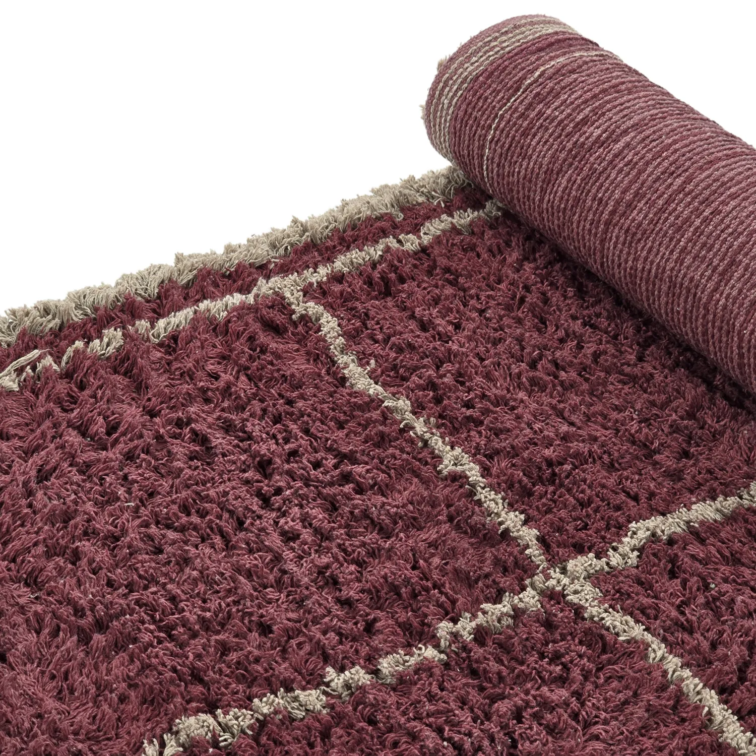 Hoogpolig vloerkleed - Lana Natural Cotton Shaggy (taupe/rood)