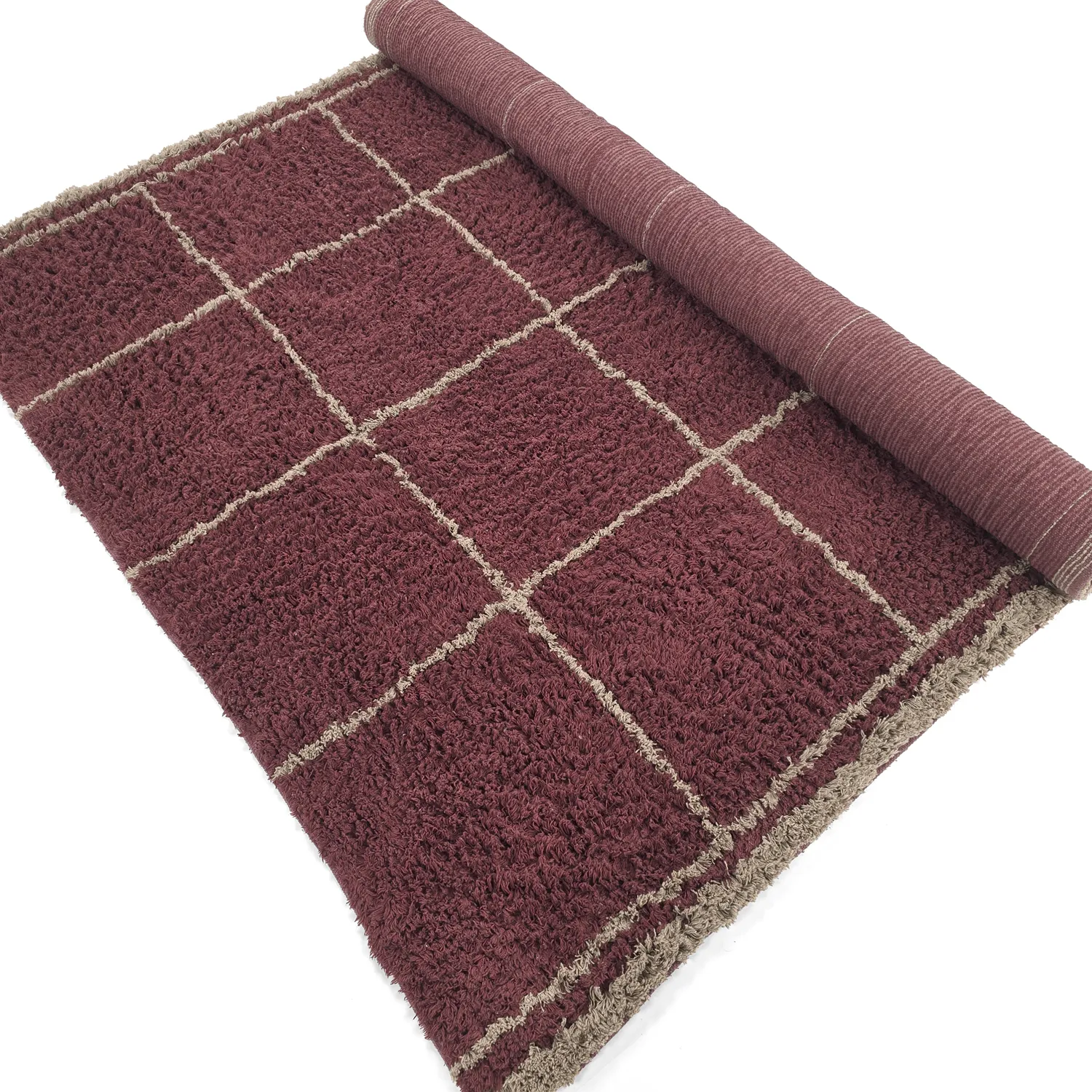 Hoogpolig vloerkleed - Lana Natural Cotton Shaggy (taupe/rood)