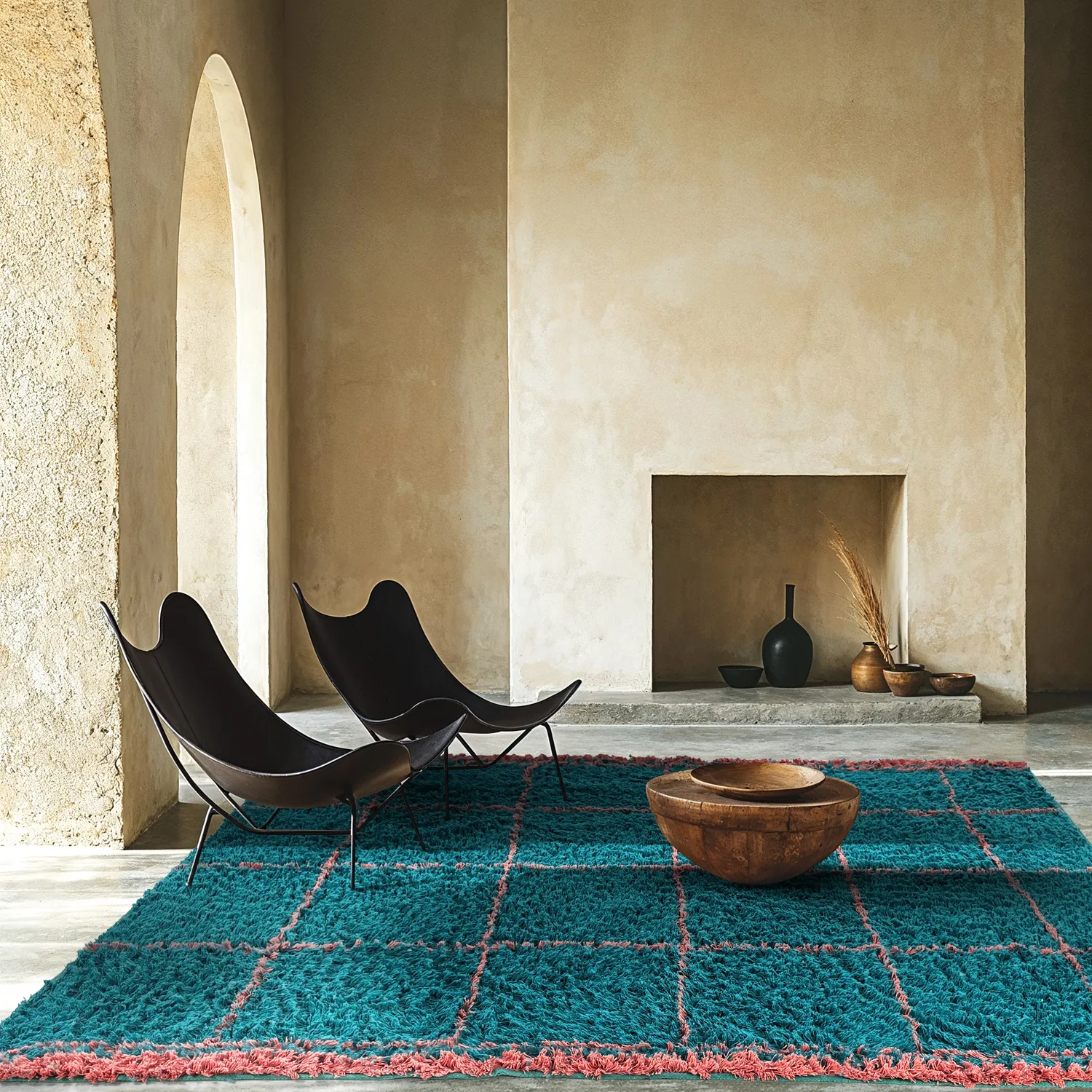 Hoogpolig vloerkleed - Lana Natural Cotton Shaggy (turkoois/roze)