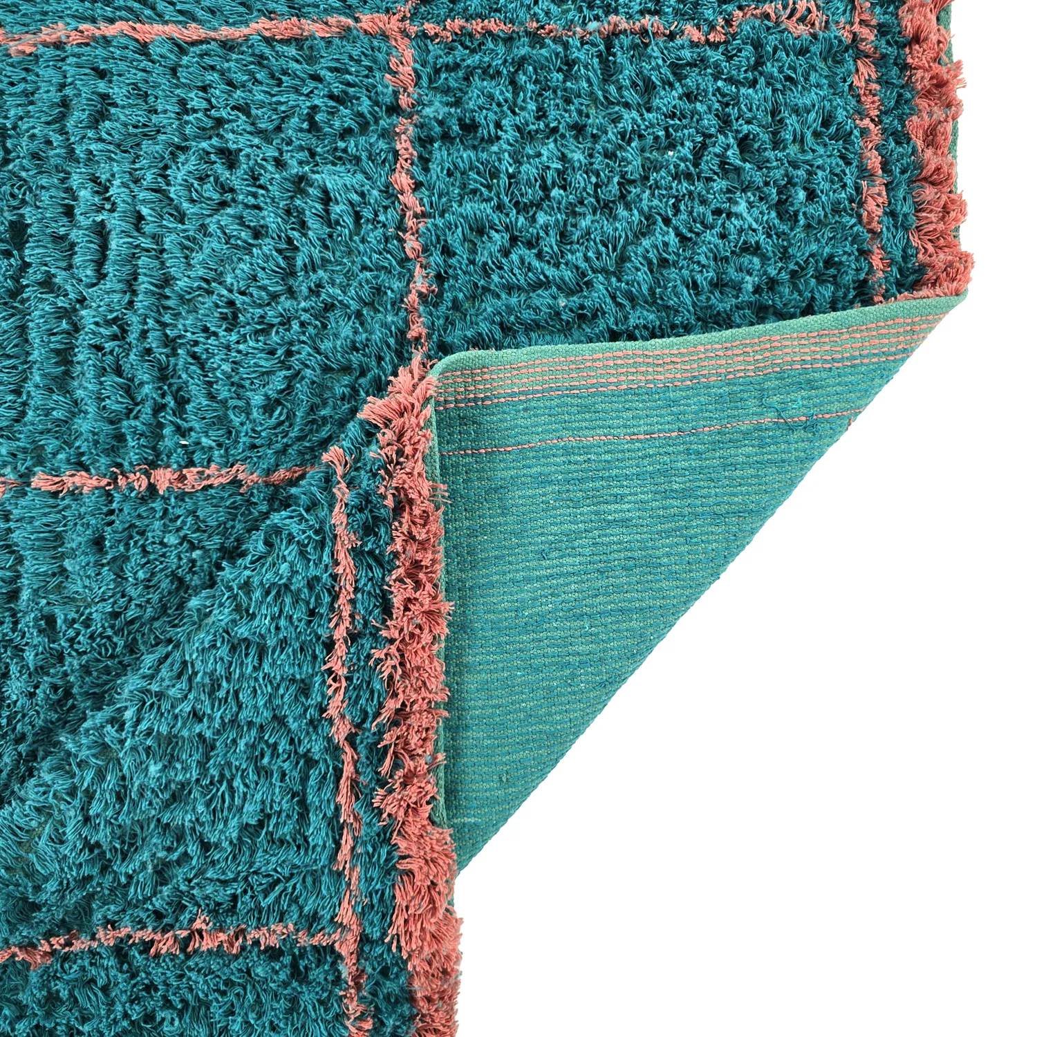 Hoogpolig vloerkleed - Lana Natural Cotton Shaggy (turkoois/roze)