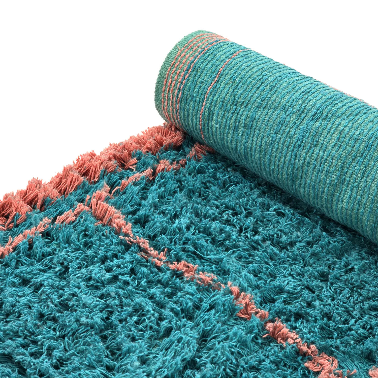 Hoogpolig vloerkleed - Lana Natural Cotton Shaggy (turkoois/roze)