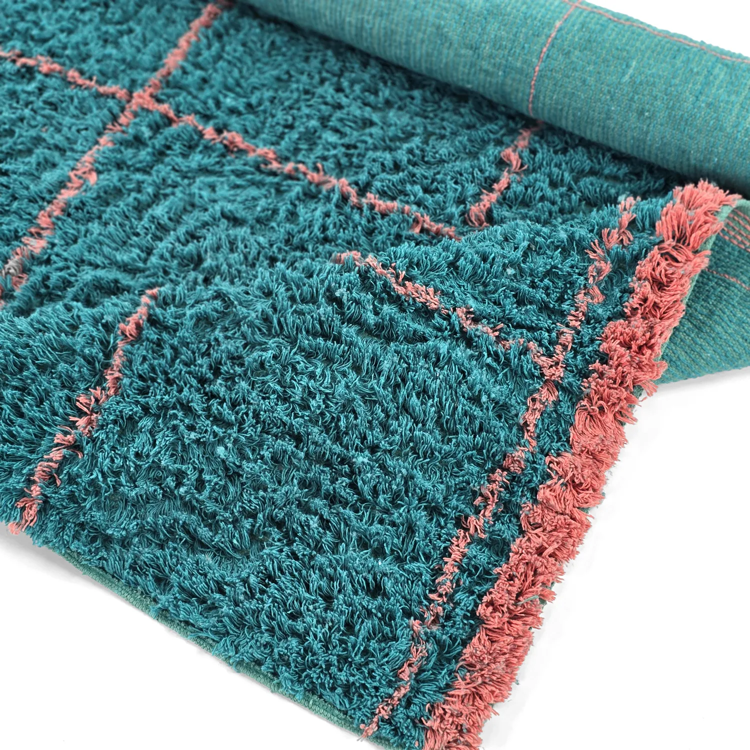 Hoogpolig vloerkleed - Lana Natural Cotton Shaggy (turkoois/roze)