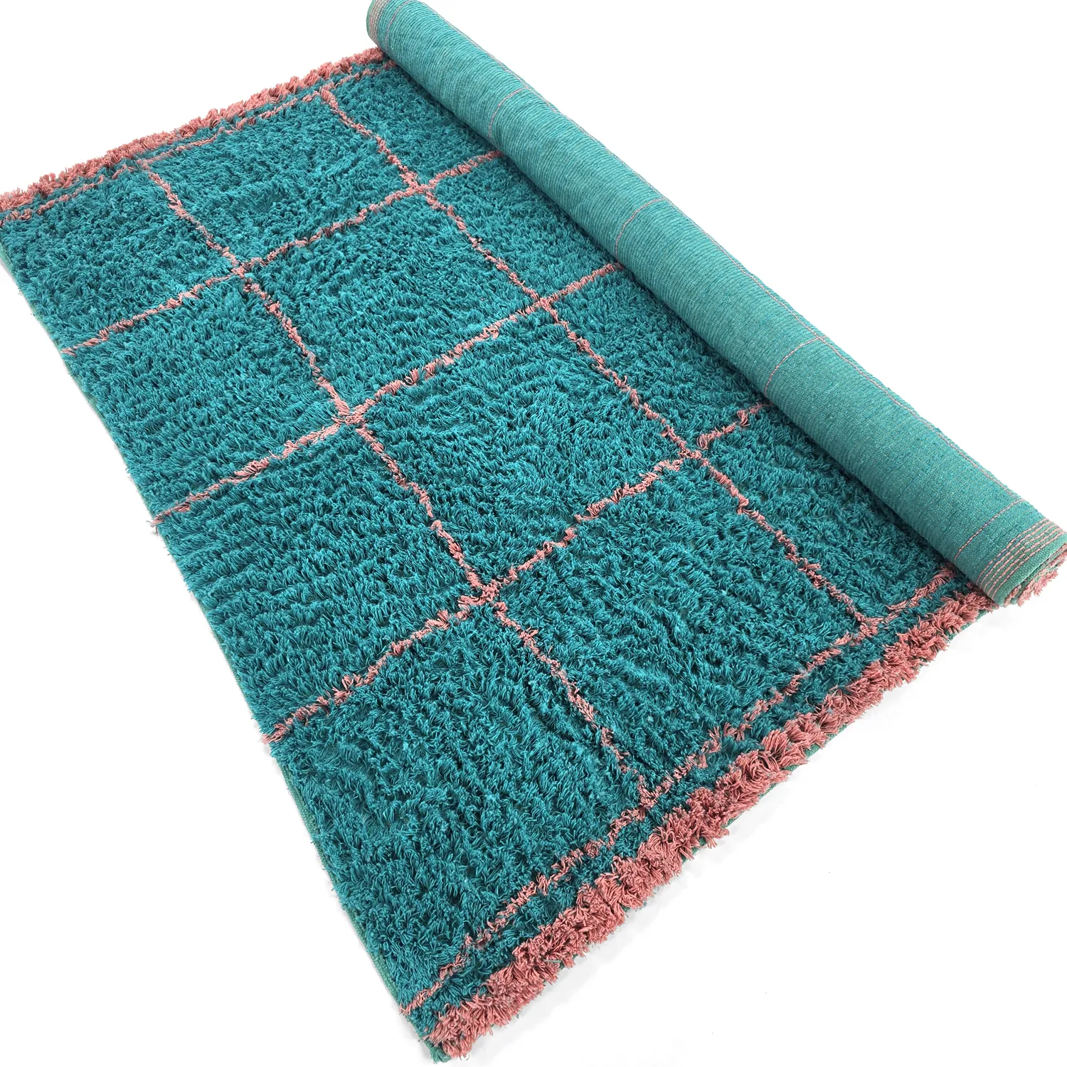 Hoogpolig vloerkleed - Lana Natural Cotton Shaggy (turkoois/roze)