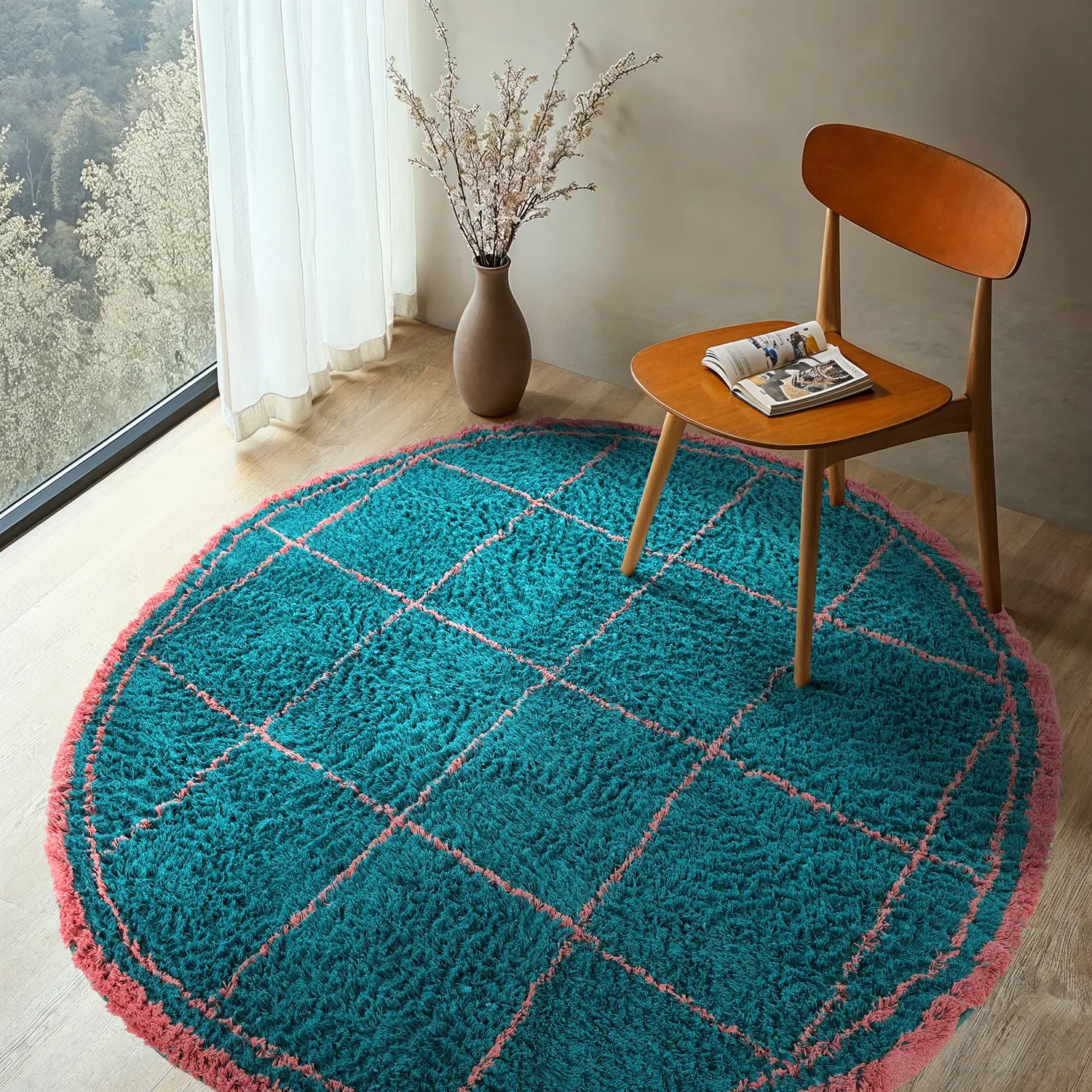 Rond vloerkleed - Lana Natural Cotton Shaggy (turkoois/roze)