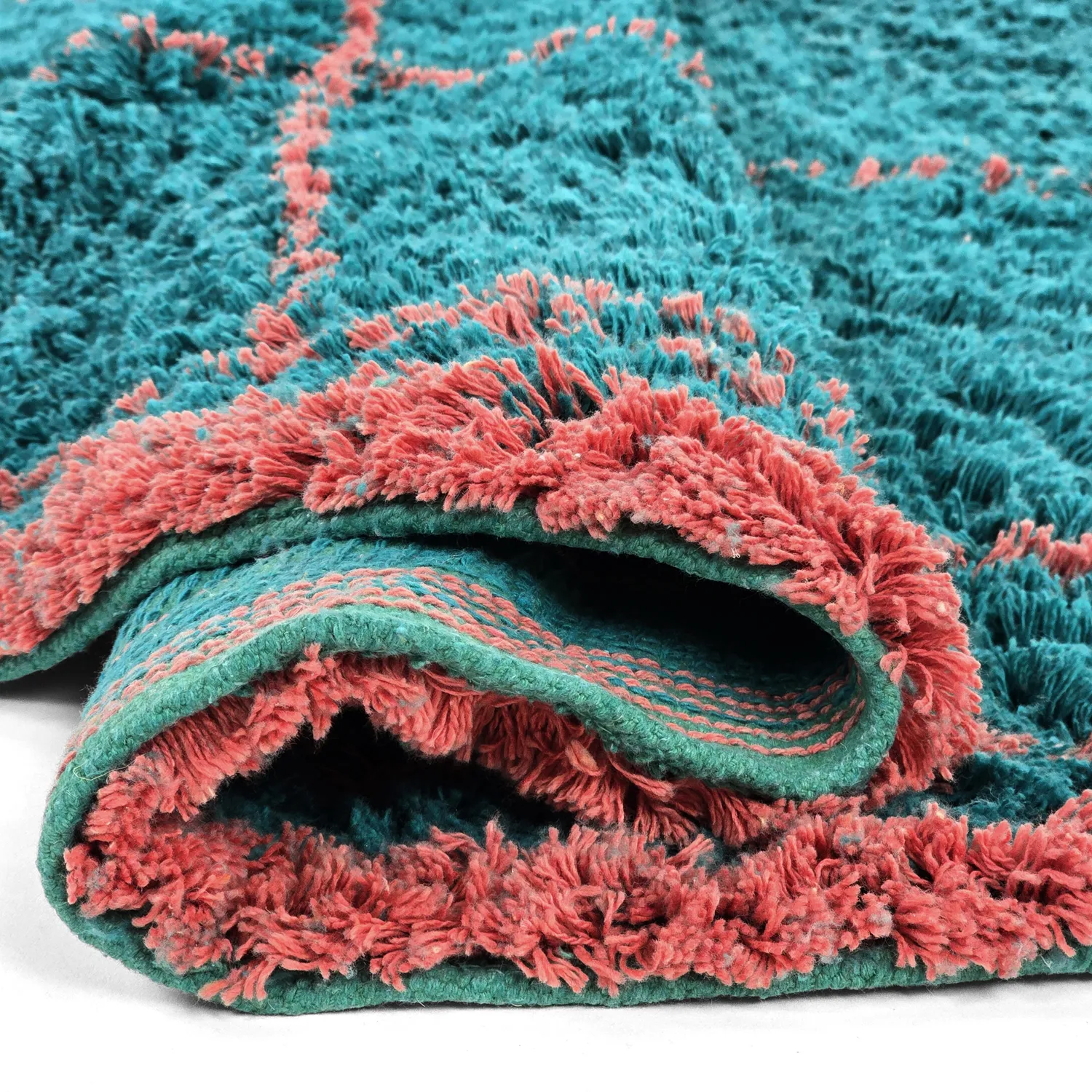 Rond vloerkleed - Lana Natural Cotton Shaggy (turkoois/roze)