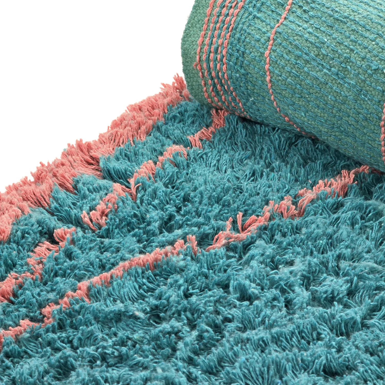 Rond vloerkleed - Lana Natural Cotton Shaggy (turkoois/roze)