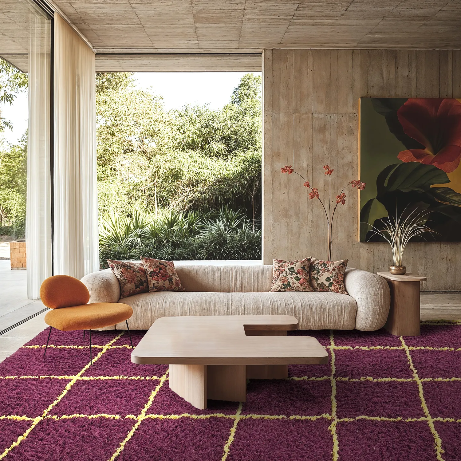 Hoogpolig vloerkleed - Lana Natural Cotton Shaggy (bordeaux/geel)