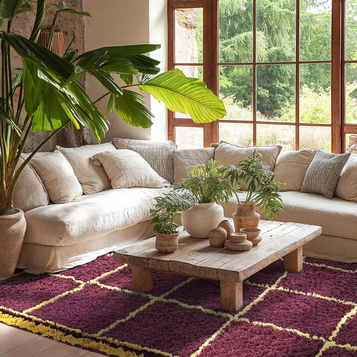 Hoogpolig vloerkleed - Lana Natural Cotton Shaggy (bordeaux/geel)