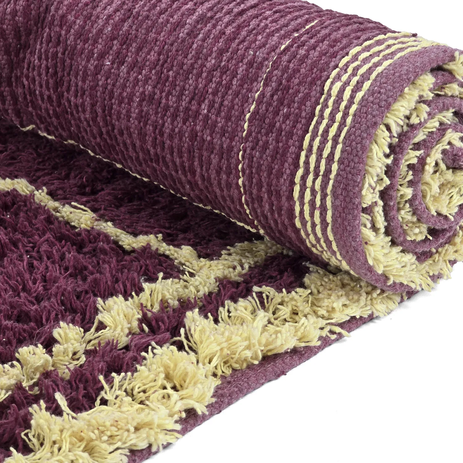 Hoogpolig vloerkleed - Lana Natural Cotton Shaggy (bordeaux/geel)