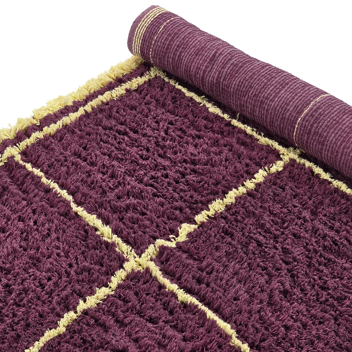 Hoogpolig vloerkleed - Lana Natural Cotton Shaggy (bordeaux/geel)
