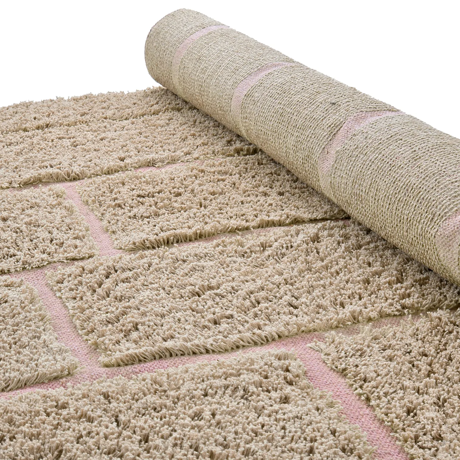 Hoogpolig vloerkleed - Lindley Natural Cotton Shaggy (beige/roze)