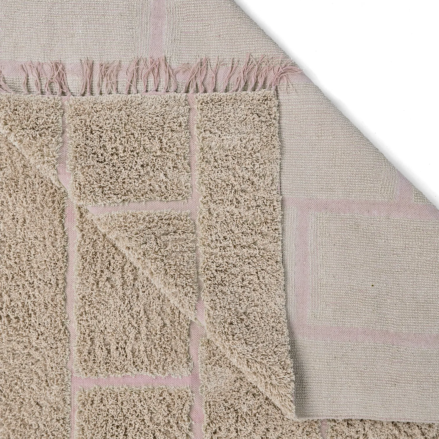 Hoogpolig vloerkleed - Lindley Natural Cotton Shaggy (beige/roze)