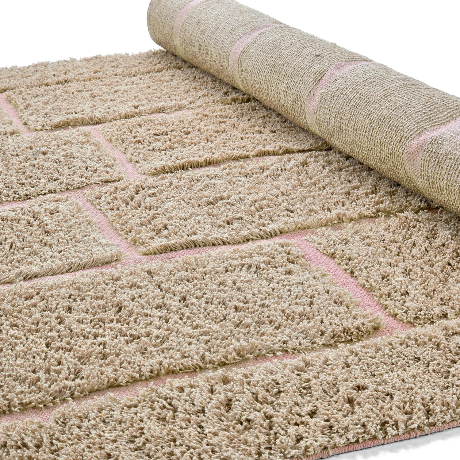 Hoogpolig vloerkleed - Lindley Natural Cotton Shaggy (beige/roze)