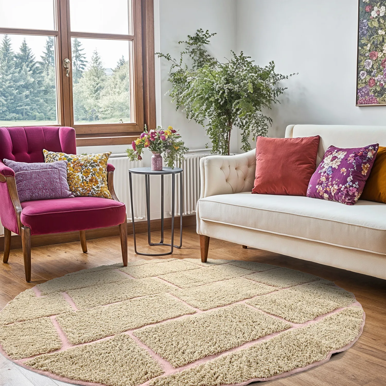 Ronde vloerkleden - Lindley Natural Cotton Shaggy (beige/roze)