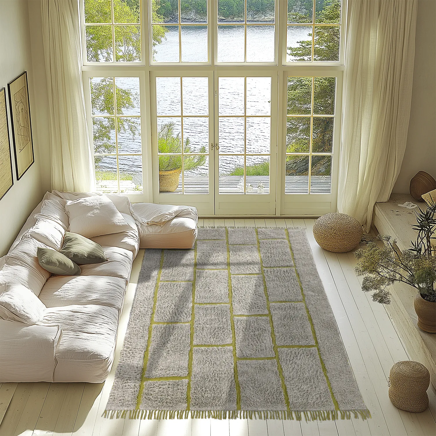 Hoogpolig vloerkleed - Lindley Natural Cotton Shaggy (grijs/groen)