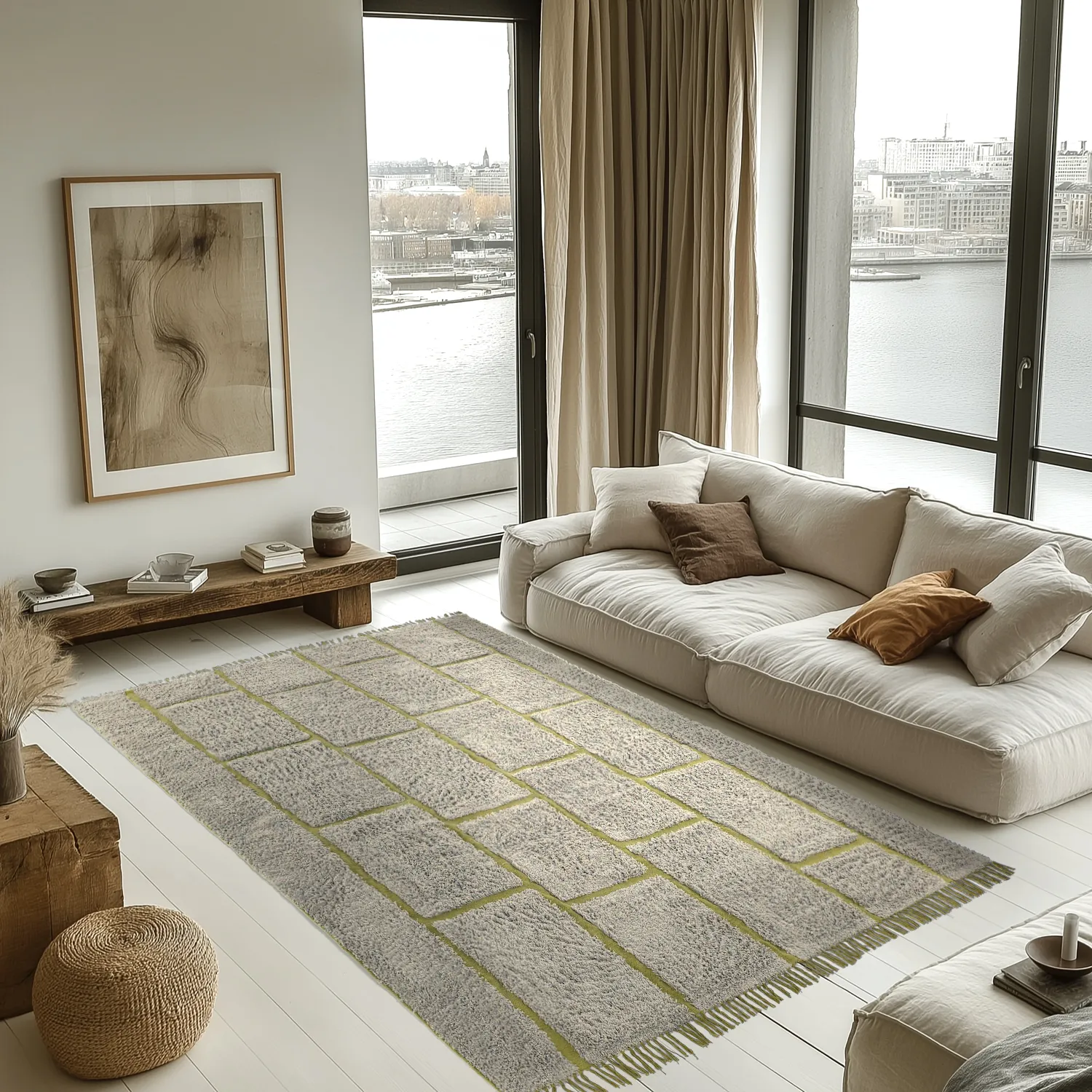 Hoogpolig vloerkleed - Lindley Natural Cotton Shaggy (grijs/groen)