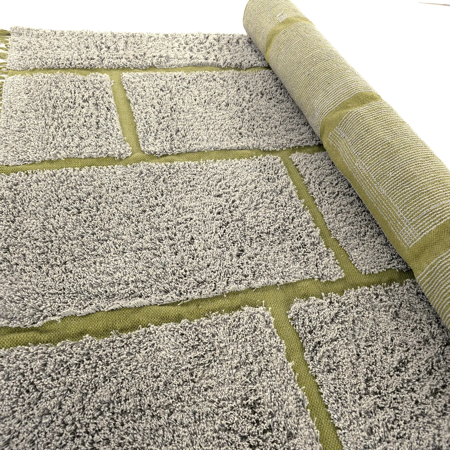 Hoogpolig vloerkleed - Lindley Natural Cotton Shaggy (grijs/groen)