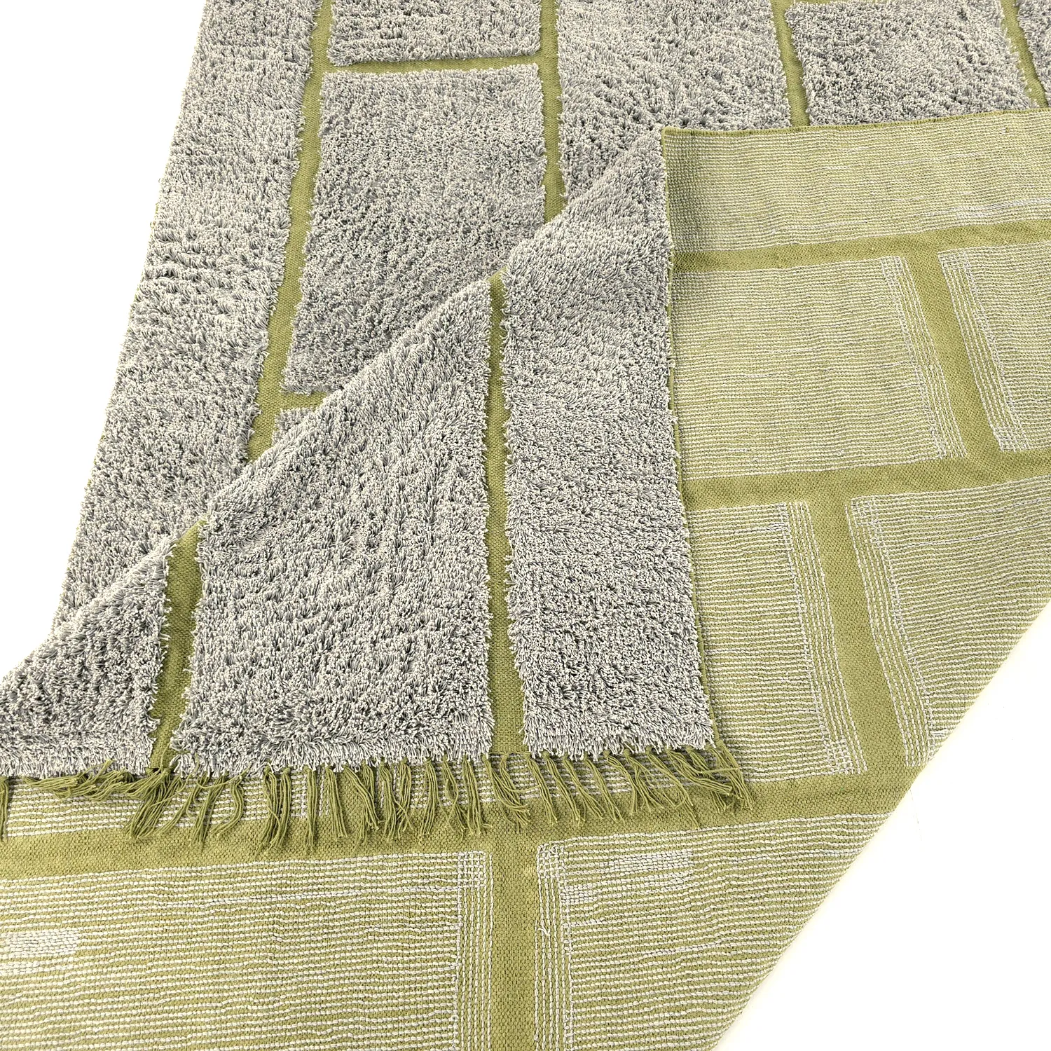 Hoogpolig vloerkleed - Lindley Natural Cotton Shaggy (grijs/groen)