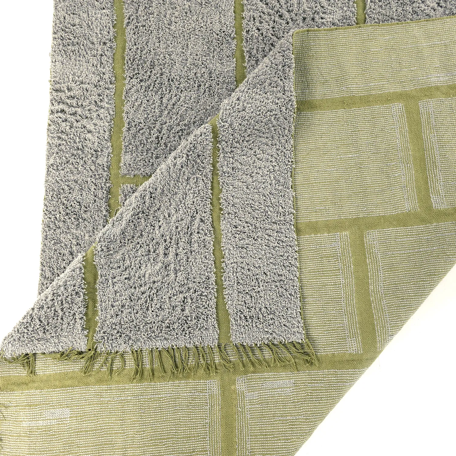 Hoogpolig vloerkleed - Lindley Natural Cotton Shaggy (grijs/groen)