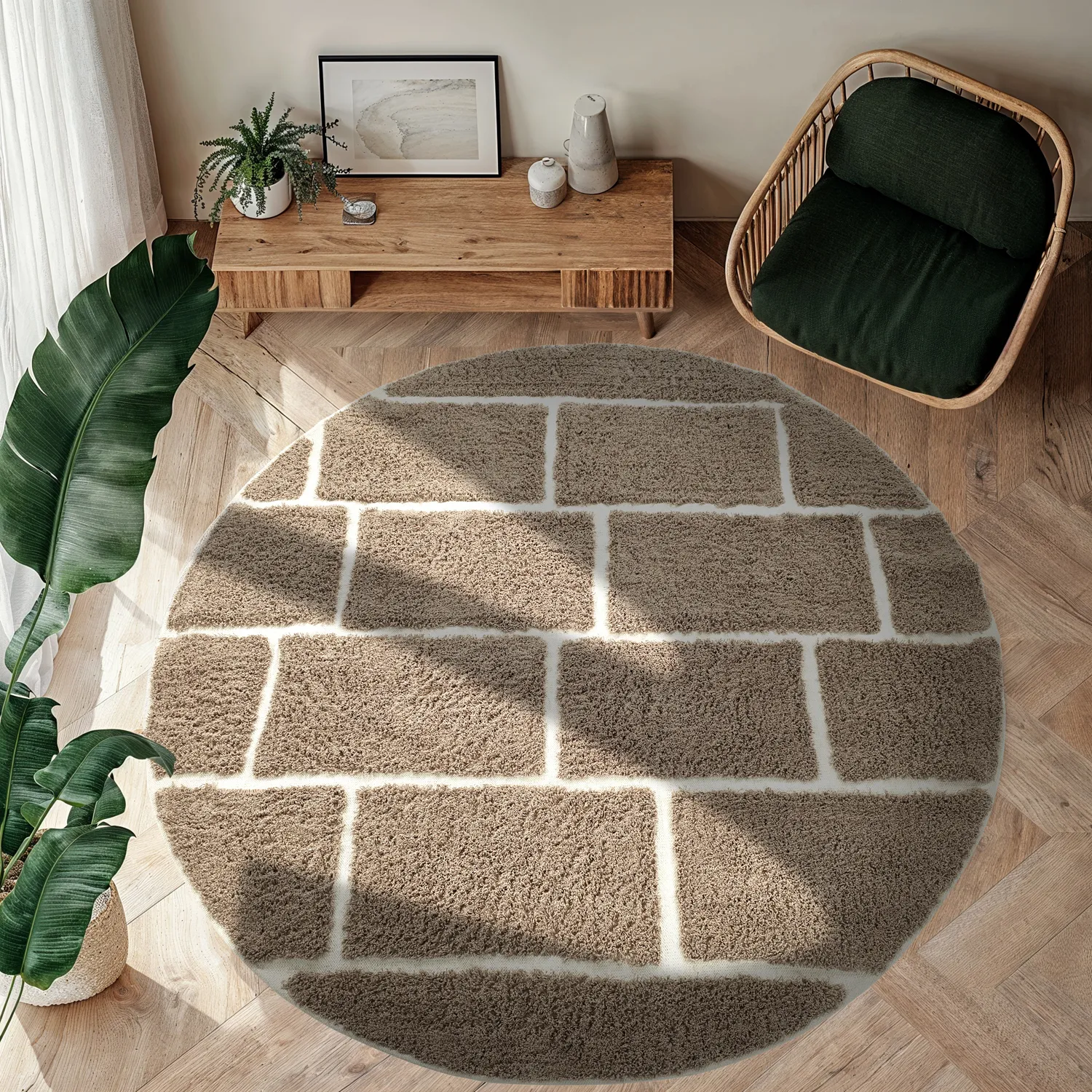 Ronde vloerkleden - Lindley Natural Cotton Shaggy (taupe/grijs)