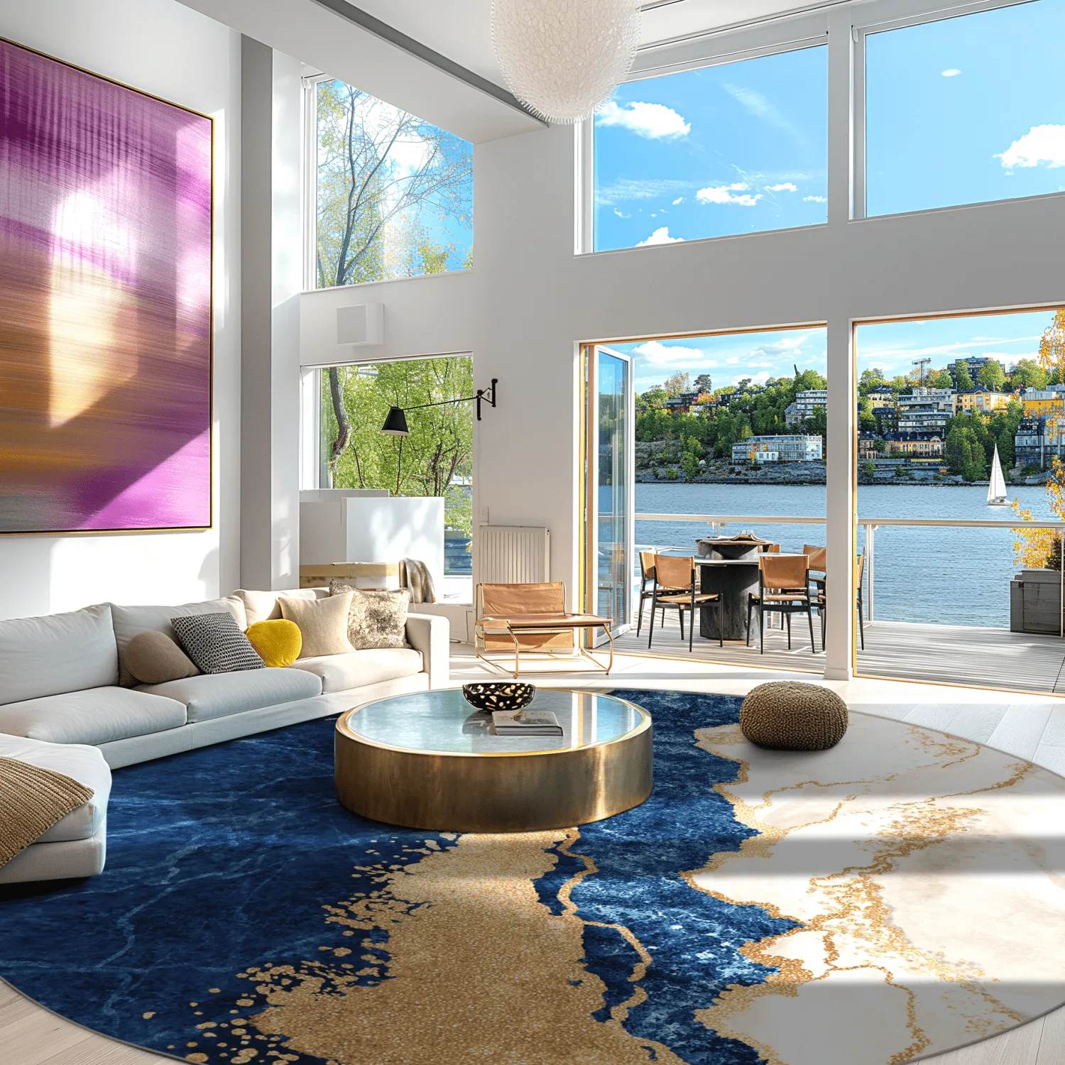 Rond vloerkleed - Padova (blauw/wit/goud)