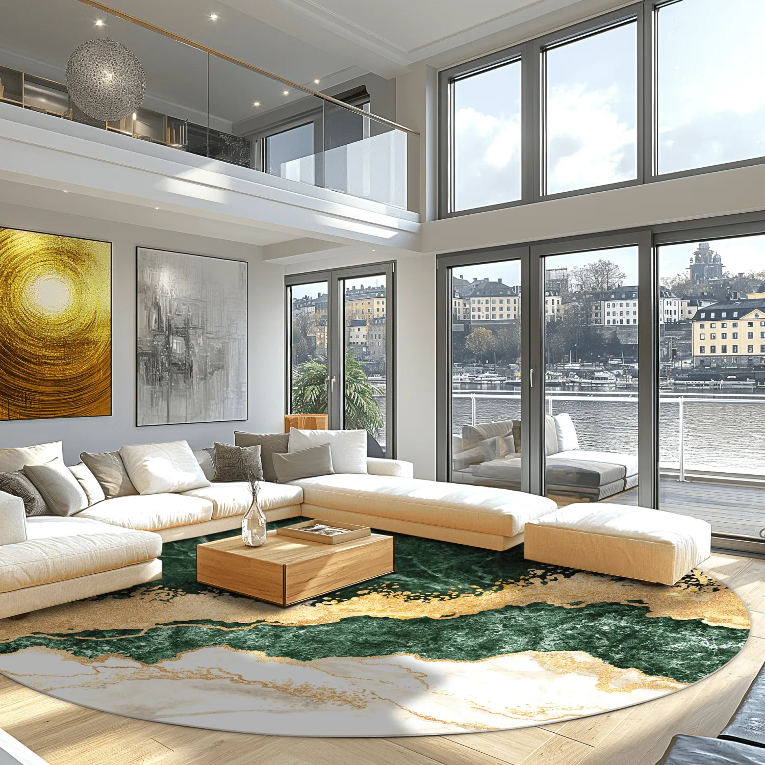 Rond vloerkleed - Padova (groen/wit/goud)