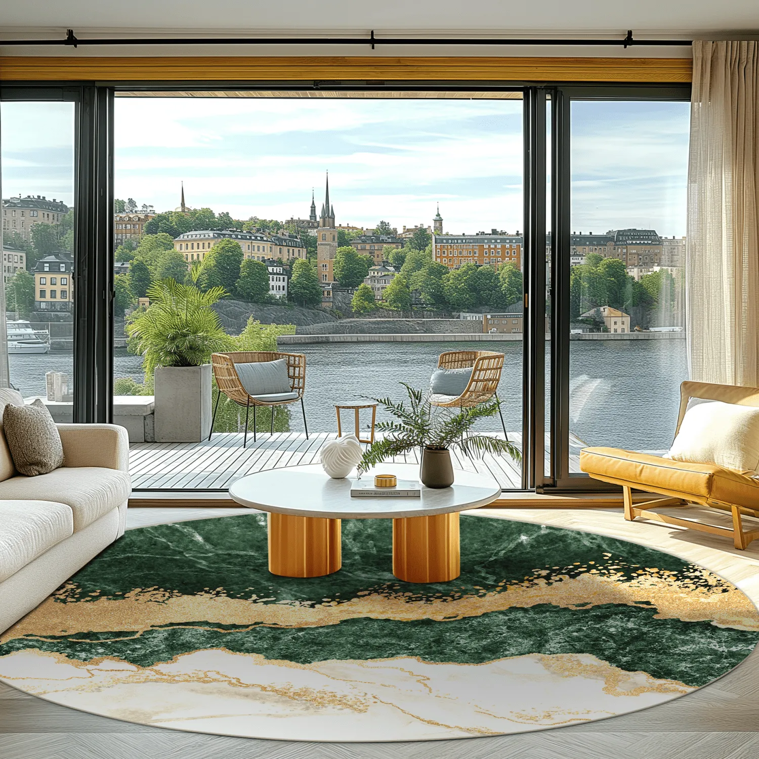 Rond vloerkleed - Padova (groen/wit/goud)