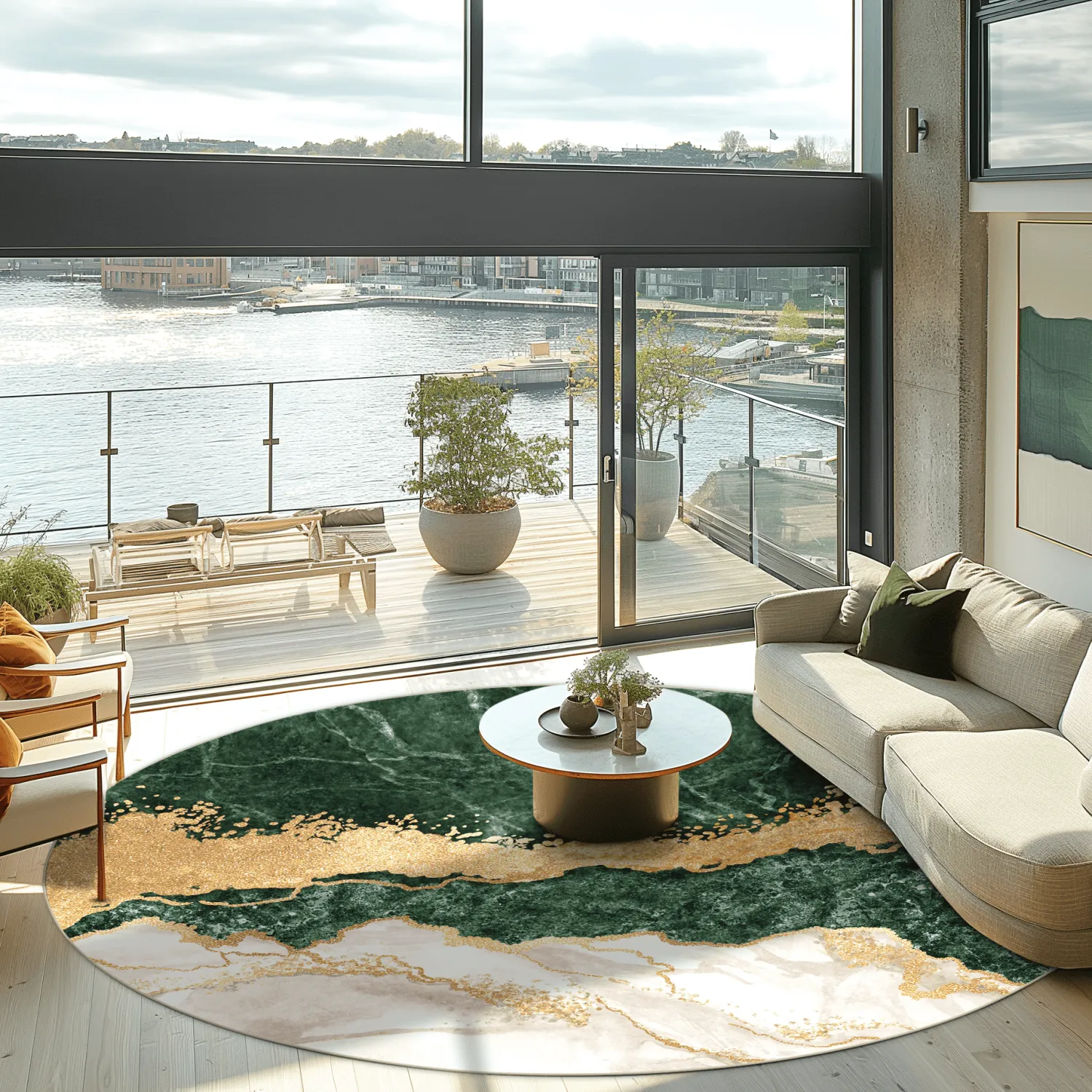 Rond vloerkleed - Padova (groen/wit/goud)