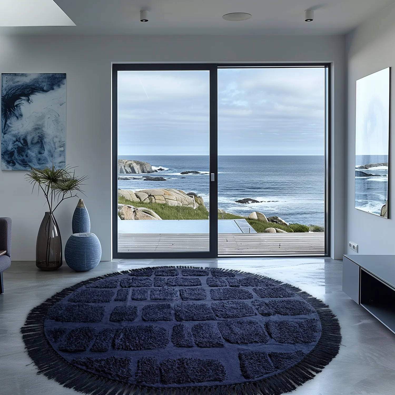 Ronde vloerkleden - Salem Natural Cotton Shaggy (donkerblauw)