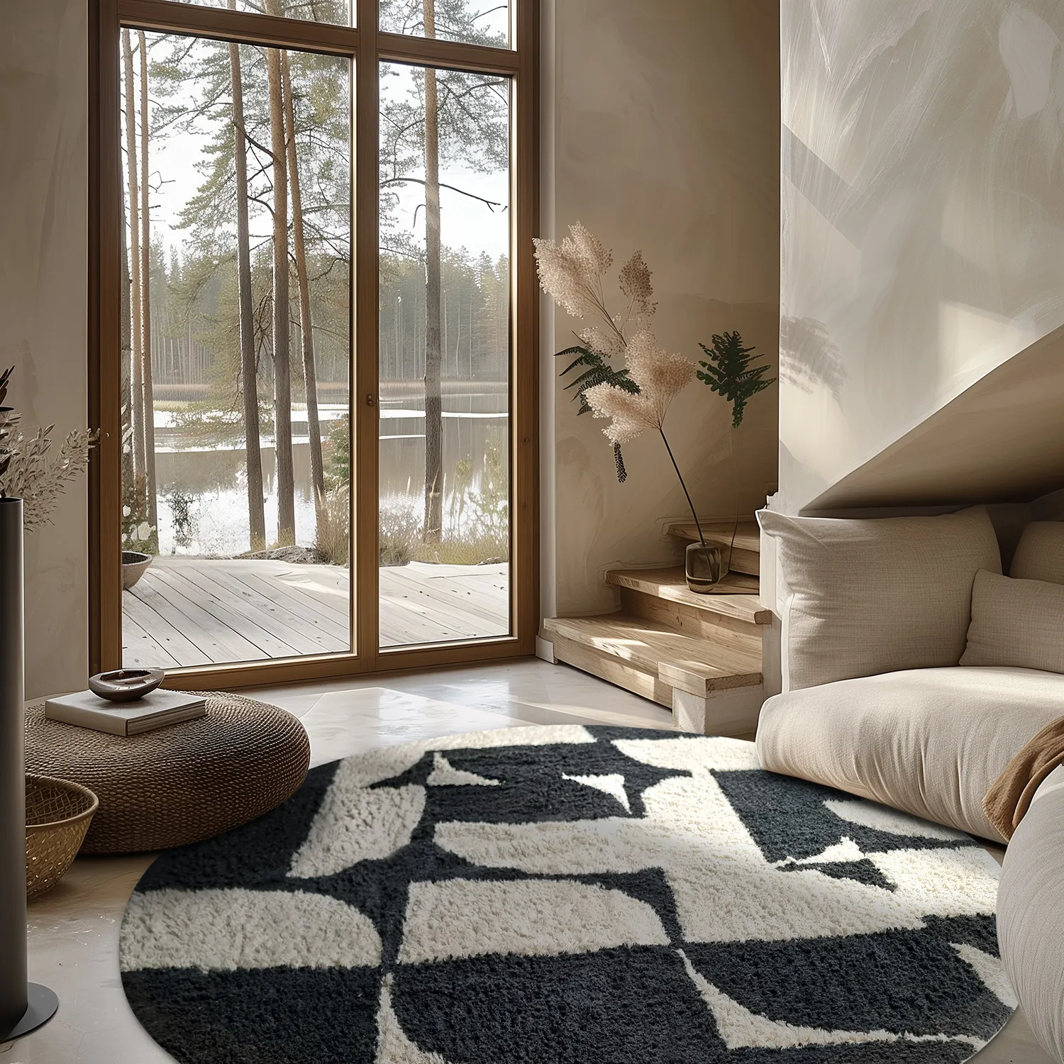 Ronde vloerkleden - Siberia Natural Cotton Shaggy (offwhite/zwart)