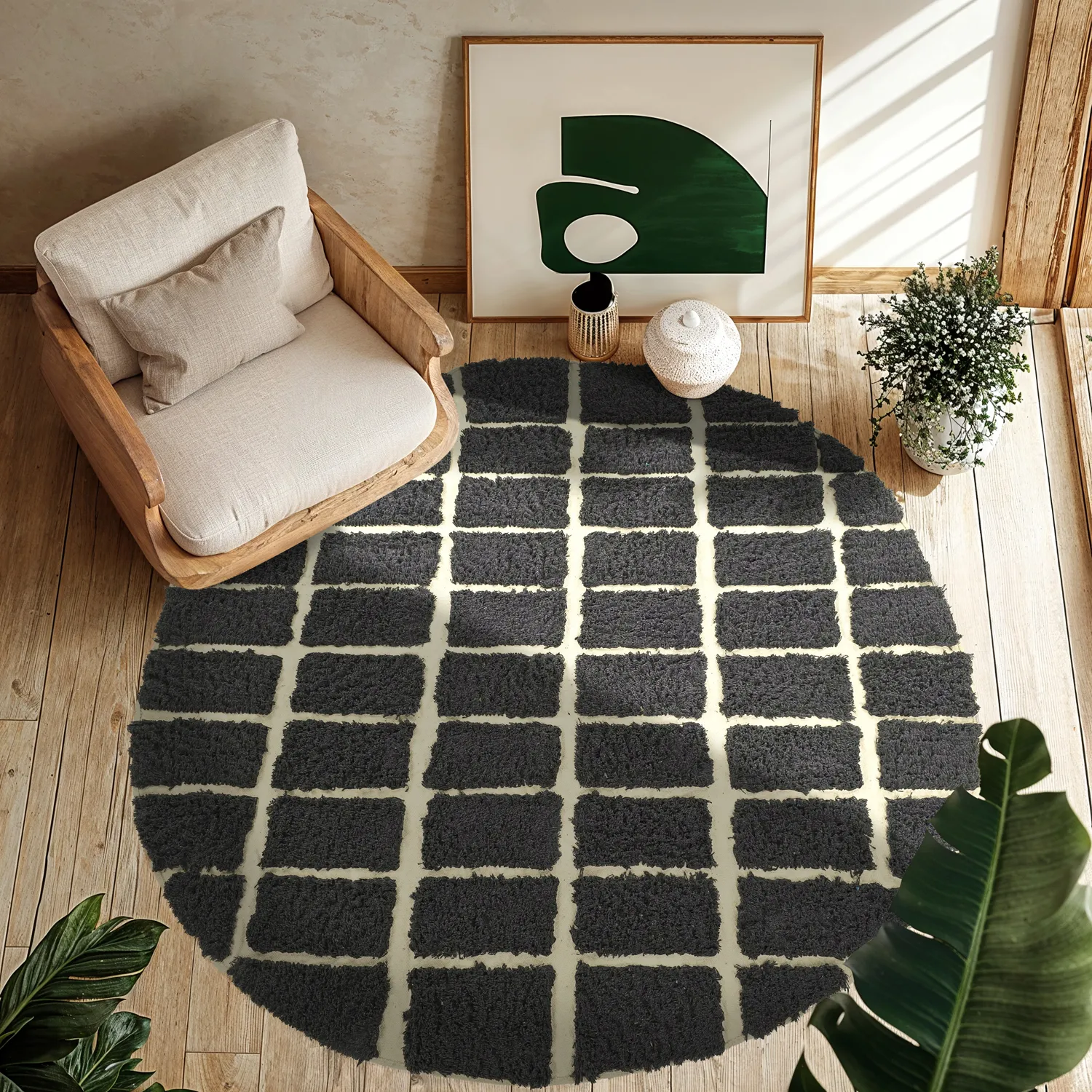 Rond vloerkleed - Zola Natural Cotton Shaggy (donkergrijs)