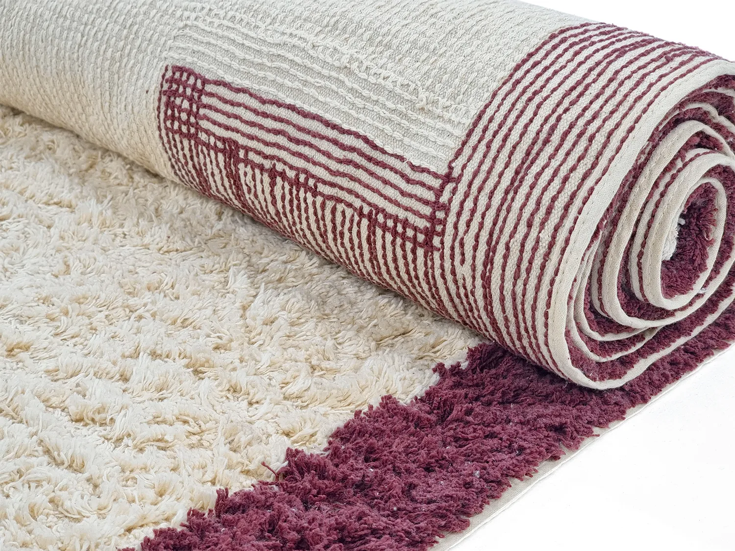 Hoogpolig vloerkleed - Ricco Natural Cotton Shaggy (offwhite/bordeaux)