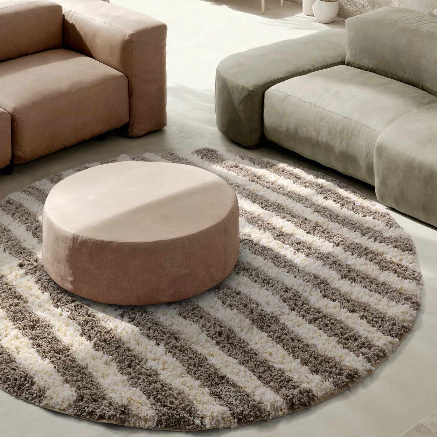 Rond vloerkleed - Thira Stripe Cotton Shaggy (crème/taupe)