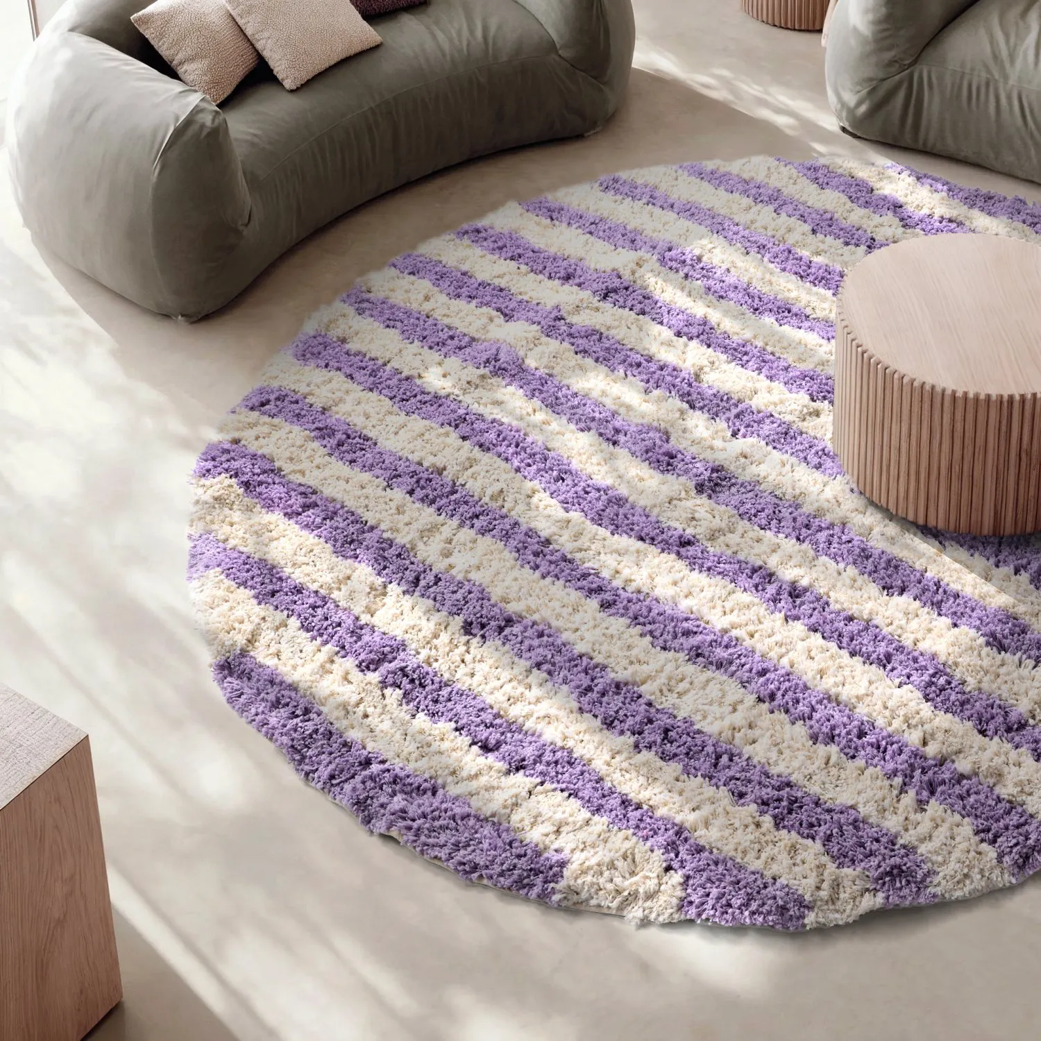 Rond vloerkleed - Thira Stripe Cotton Shaggy (room/licht paars)