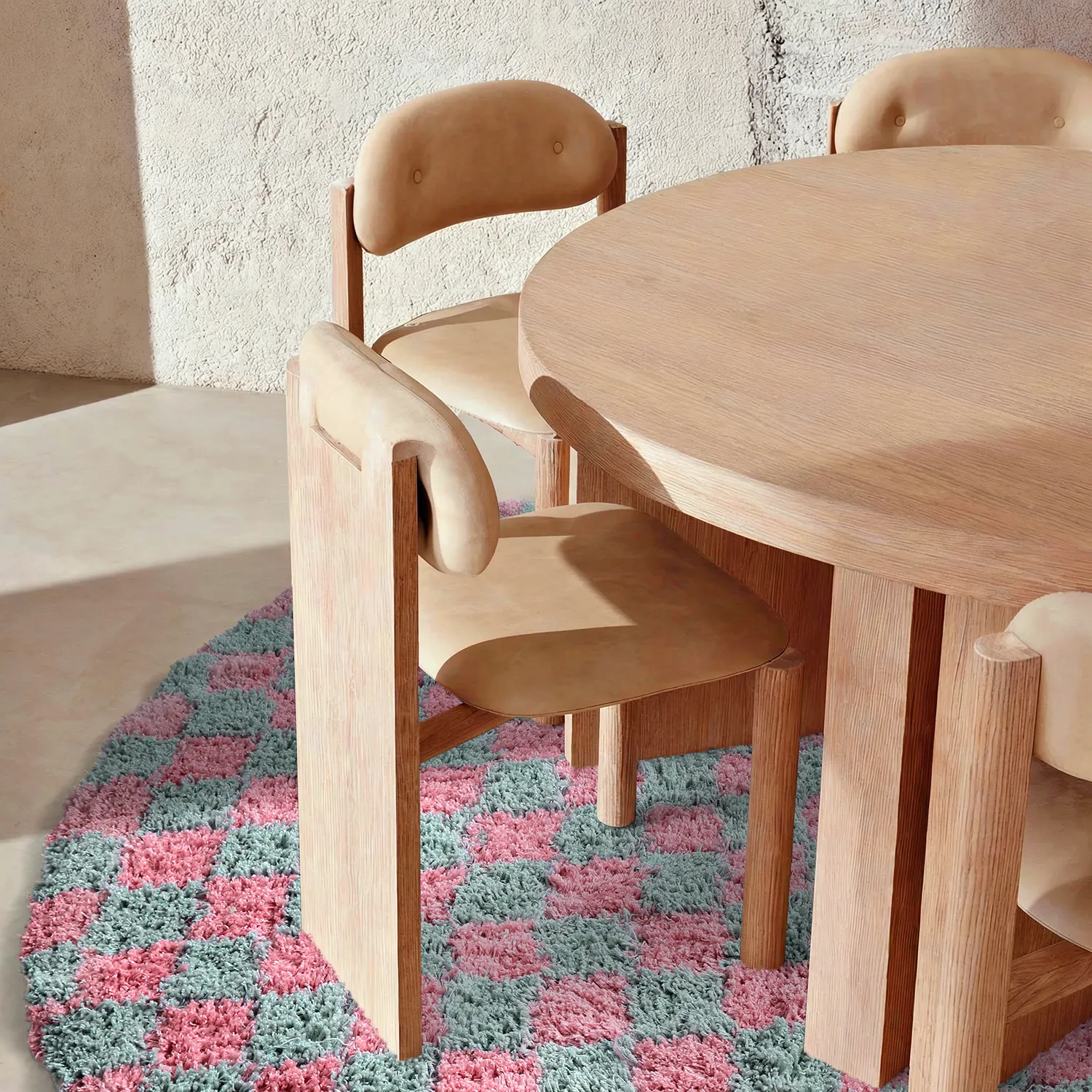 Rond vloerkleed - Methoni Check Cotton Shaggy (lichtblauw/lichtroze)