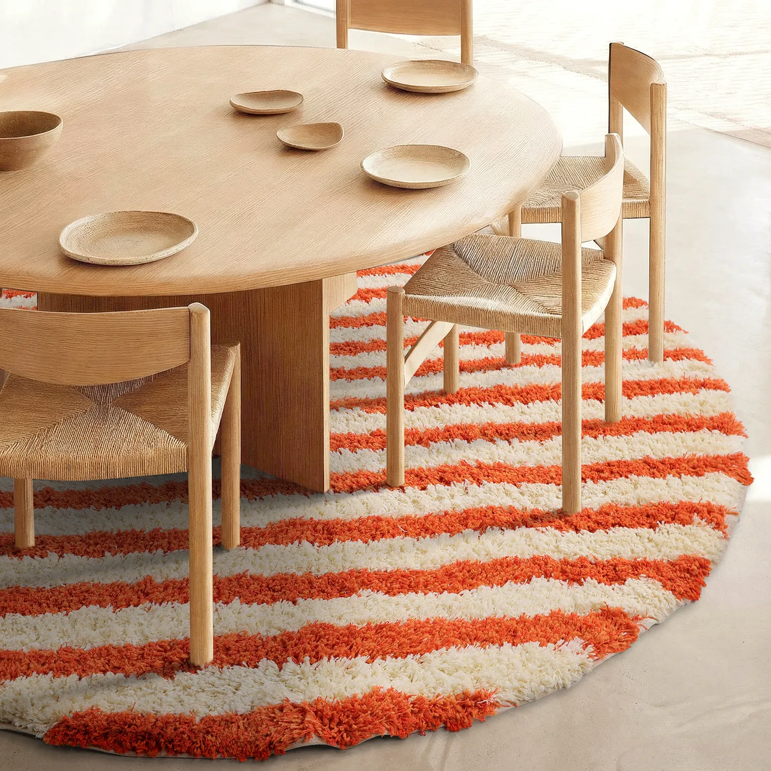 Rond vloerkleed - Thira Stripe Cotton Shaggy (lichtgeel/lichtoranje)