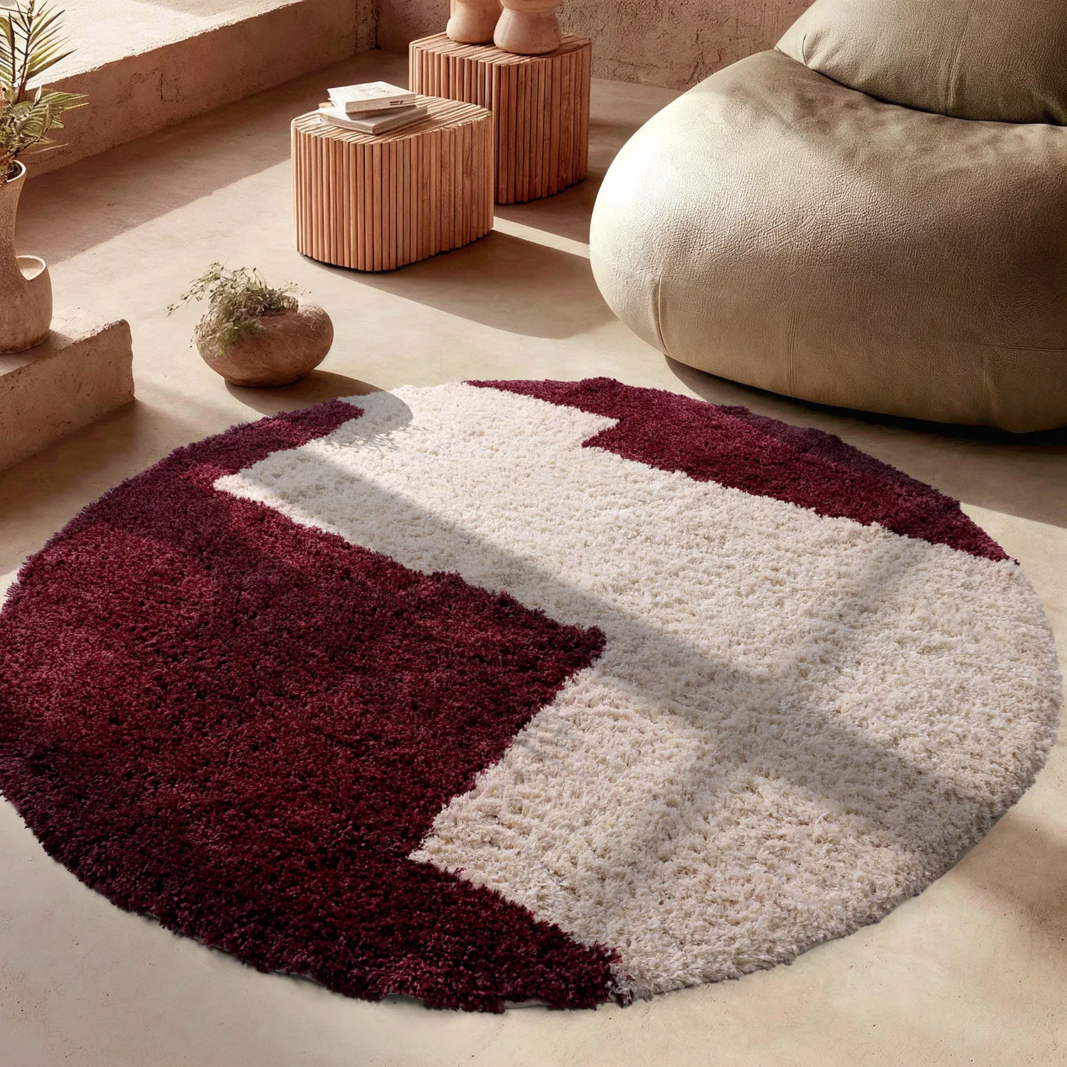Rond vloerkleed - Begur Natural Cotton Shaggy (off-white/bordeaux)