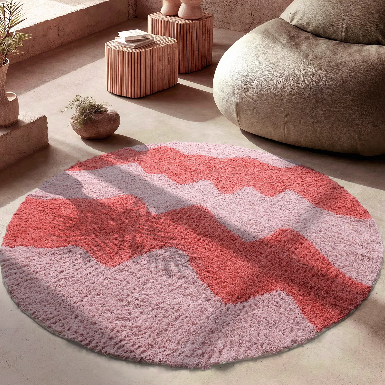 Rond vloerkleed - Amira Natural Cotton Shaggy (roze/oranje)