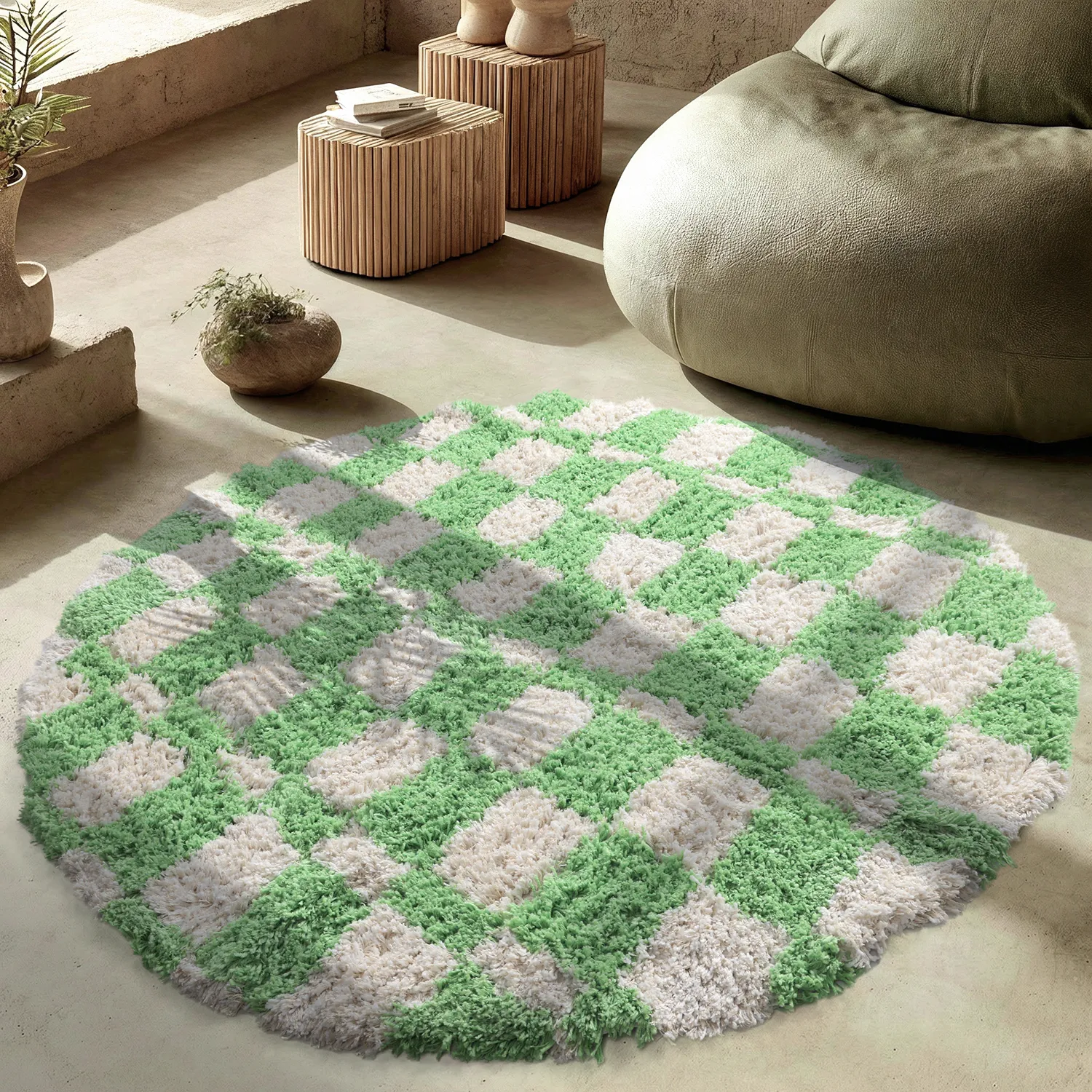 Rond vloerkleed - Atrani Natural Cotton Shaggy (groente)